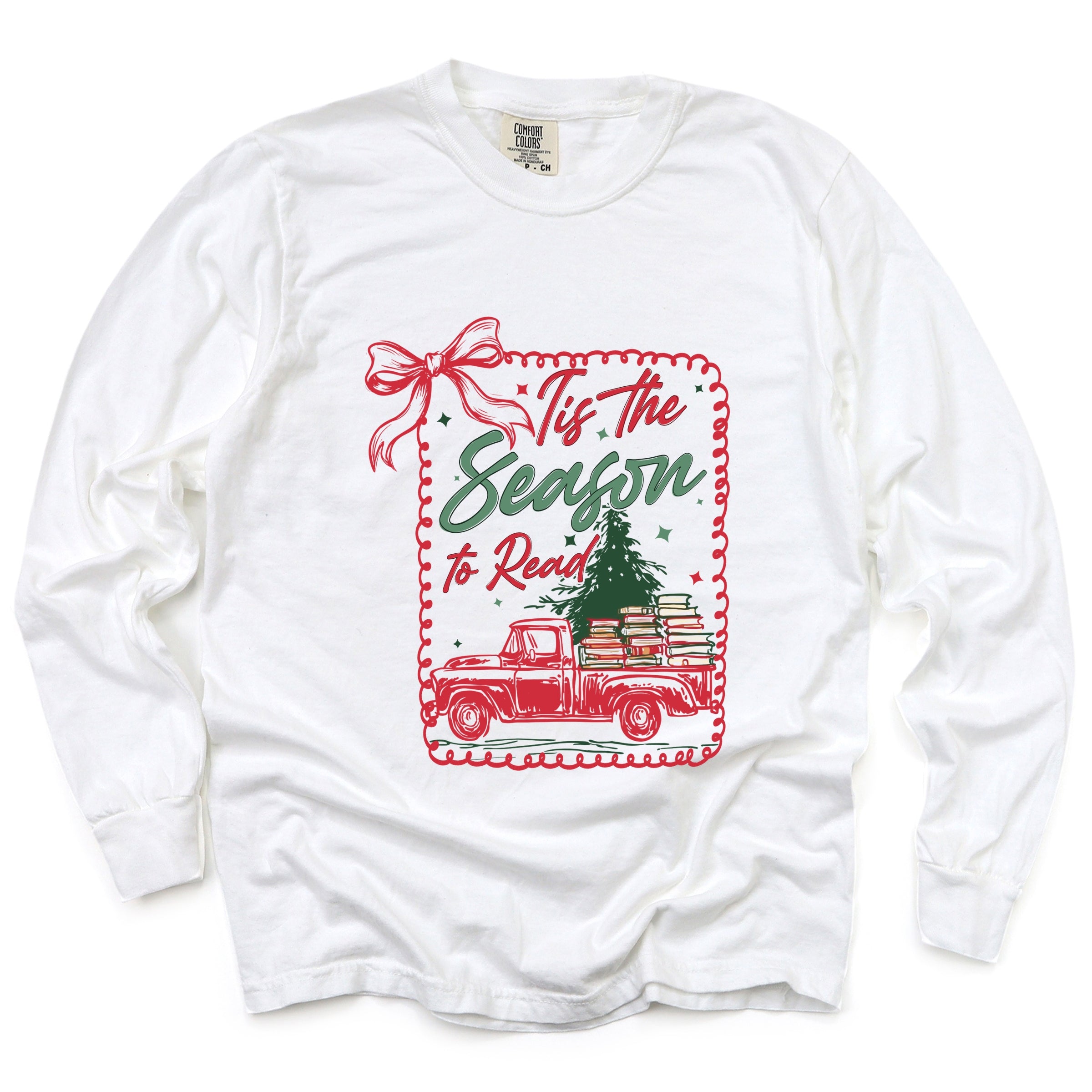 Tis The Season To Read Red Truck - Women's Garment Dyed Long Sleeve Graphic T-Shirt