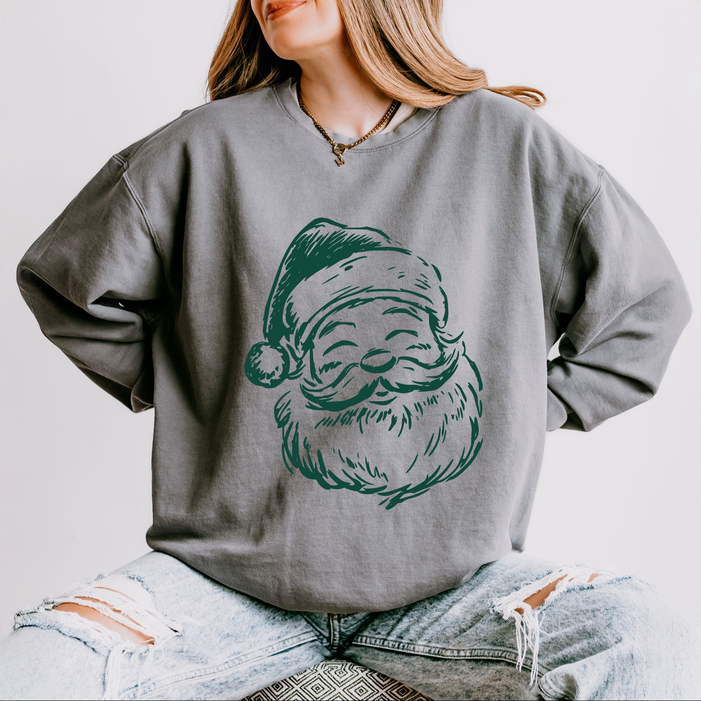 Santa Outline Green - Women's Lightweight Garment Dyed Sweatshirt