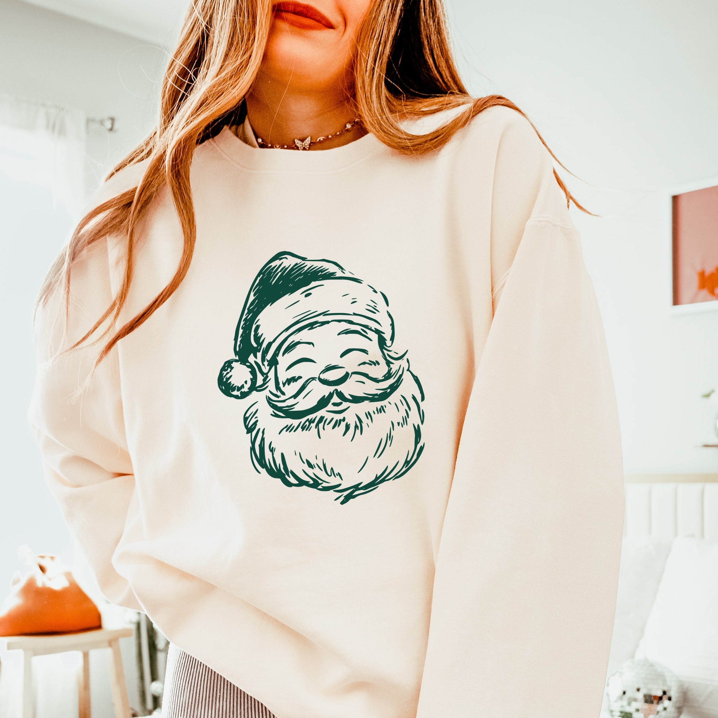 Santa Outline Green - Women's Lightweight Garment Dyed Sweatshirt