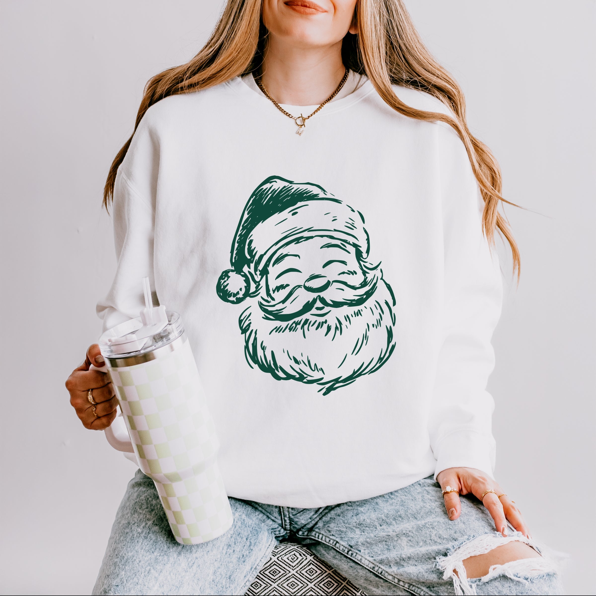 Santa Outline Green - Women's Lightweight Garment Dyed Sweatshirt