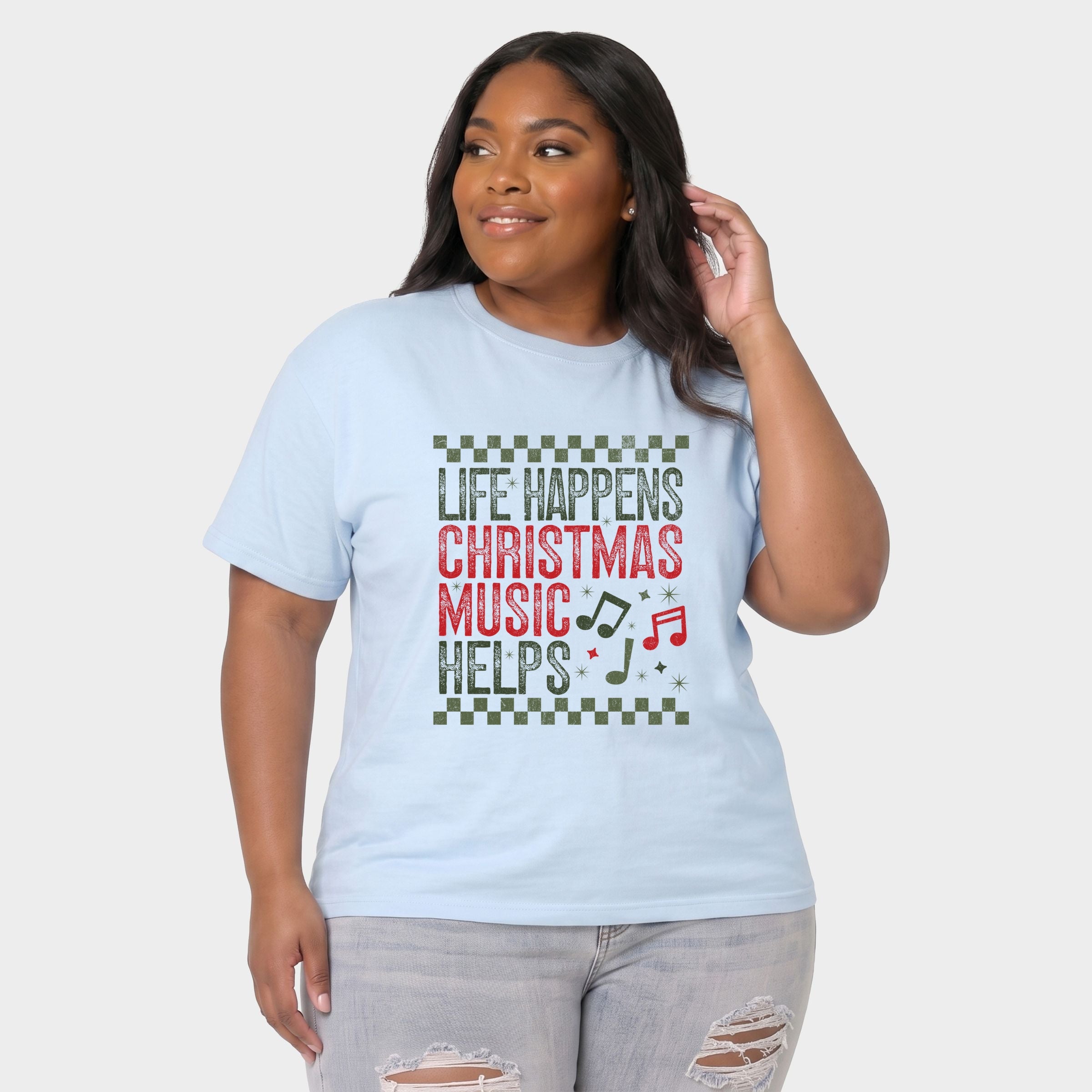 Christmas Music Helps Checkered - Women's Plus Sized Garment Dyed Graphic T-Shirt