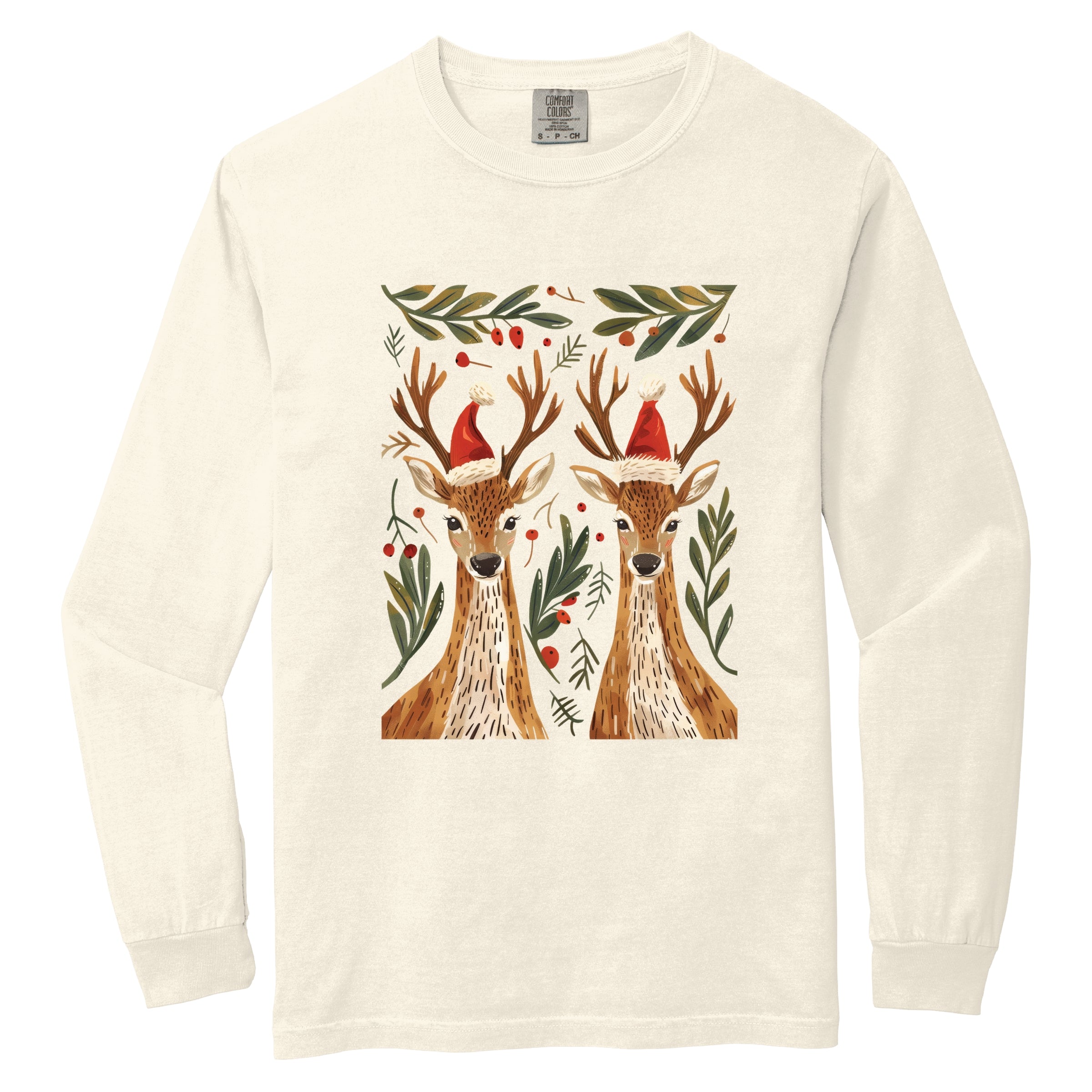Christmas Deer Pair - Women's Garment Dyed Long Sleeve Graphic T-Shirt