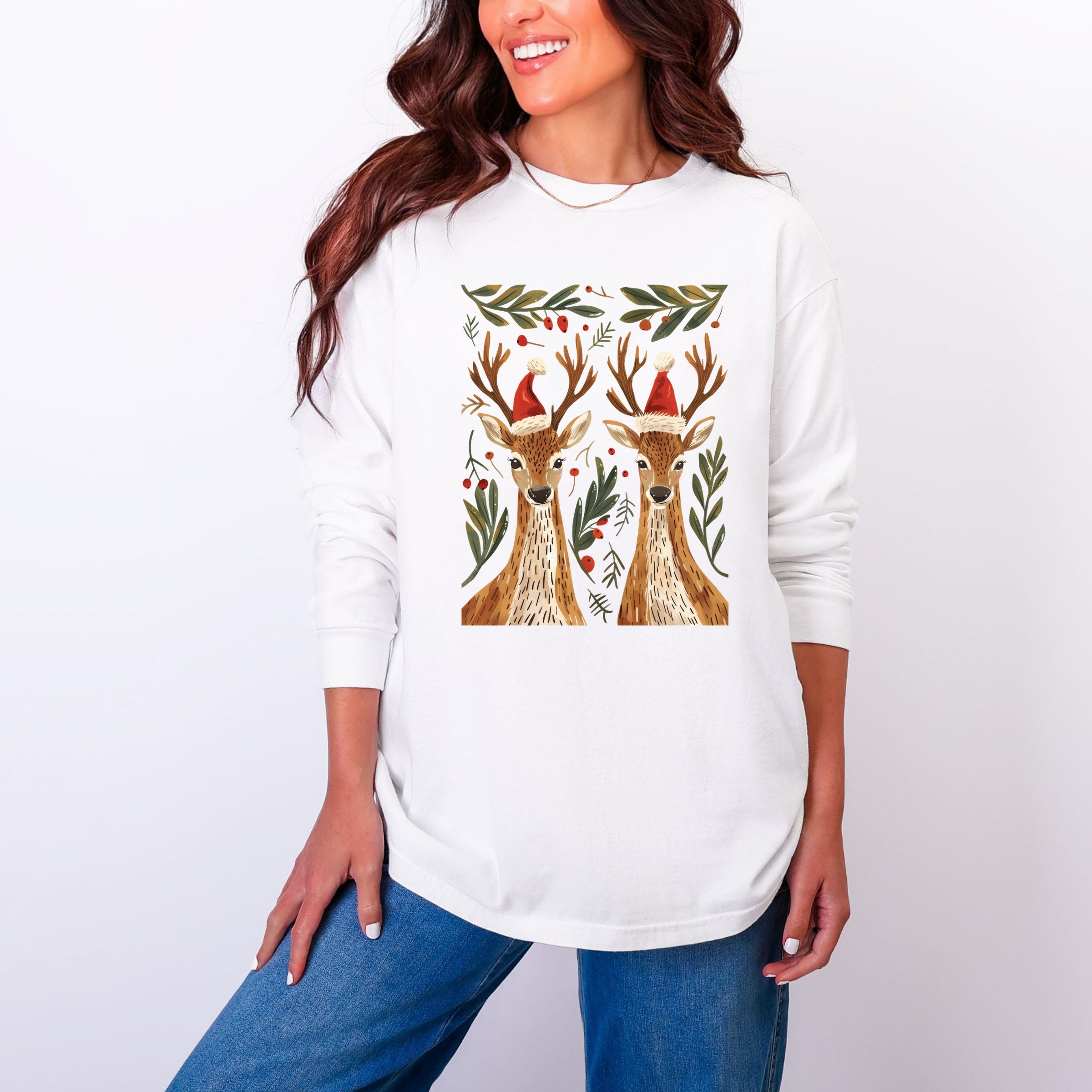 Christmas Deer Pair - Women's Garment Dyed Long Sleeve Graphic T-Shirt