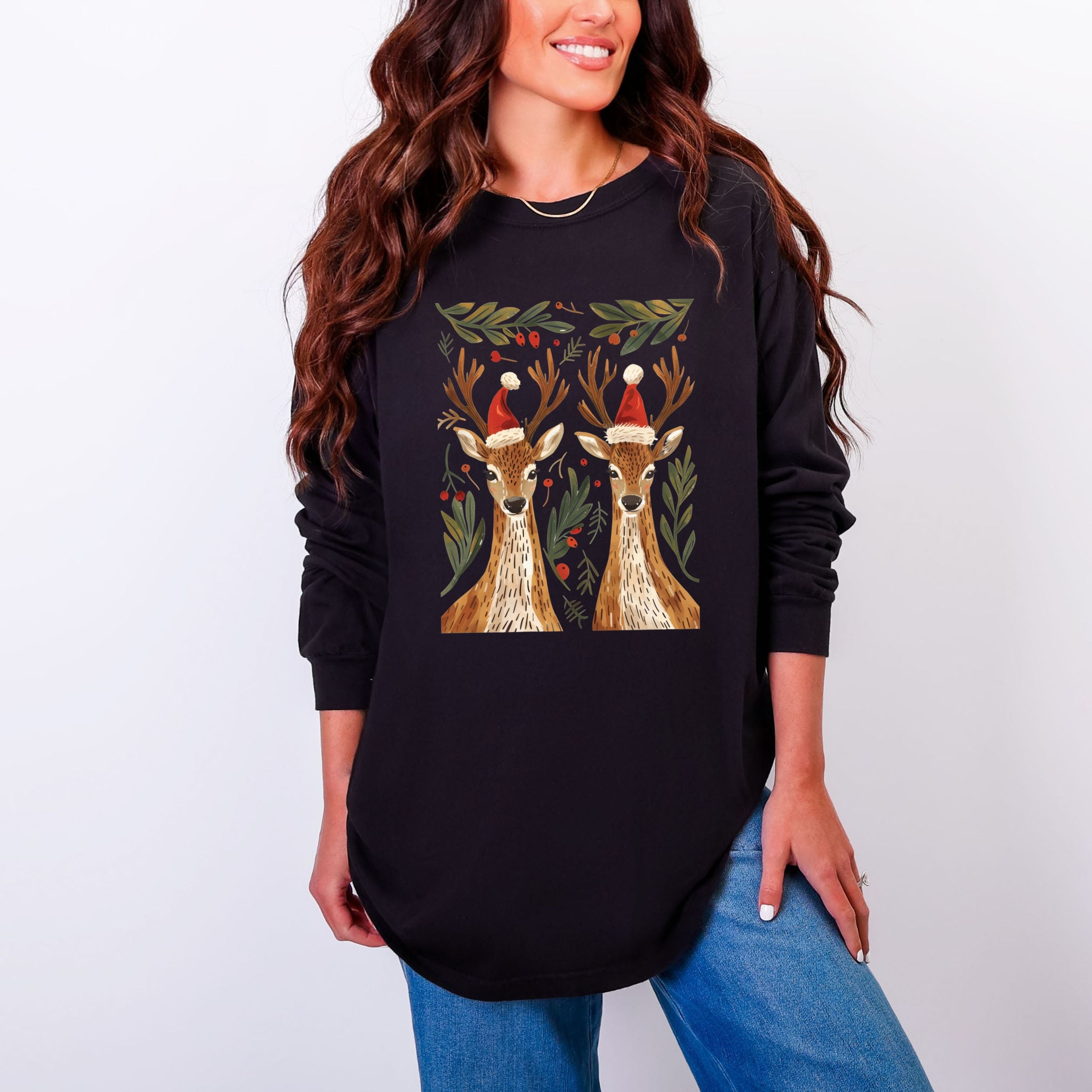 Christmas Deer Pair - Women's Garment Dyed Long Sleeve Graphic T-Shirt