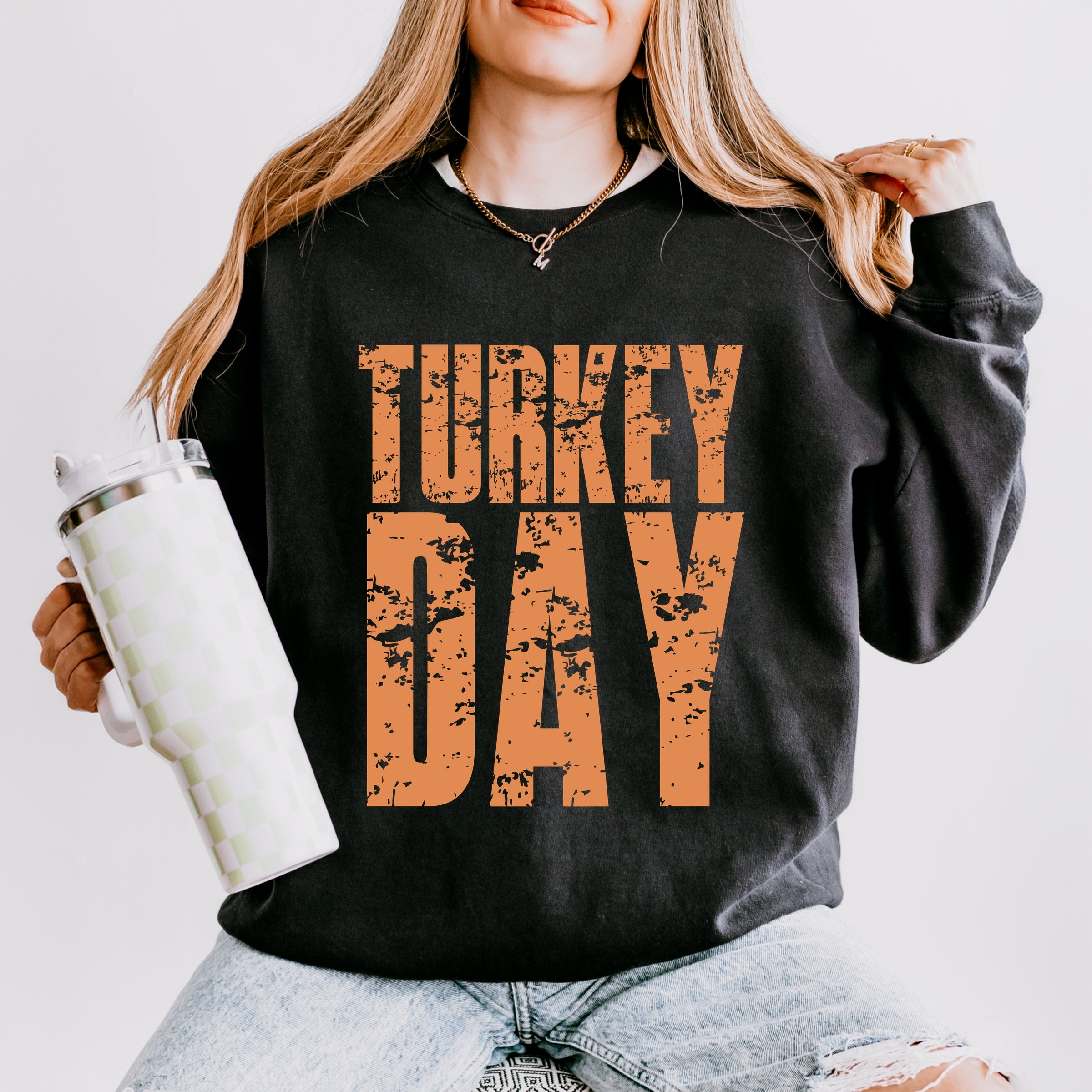 Turkey Day Block Distressed - Women's Lightweight Garment Dyed Sweatshirt