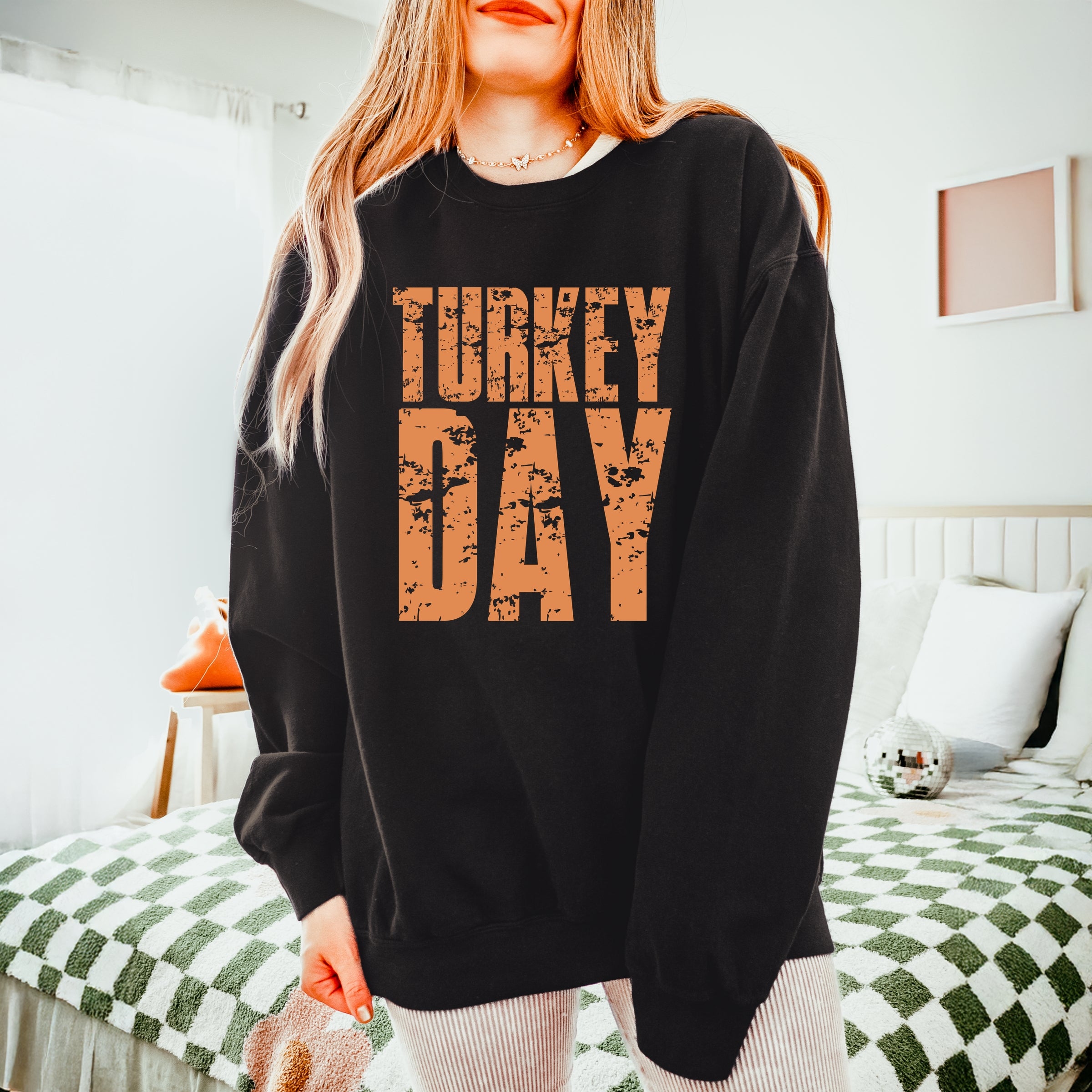 Turkey Day Block Distressed - Women's Lightweight Garment Dyed Sweatshirt