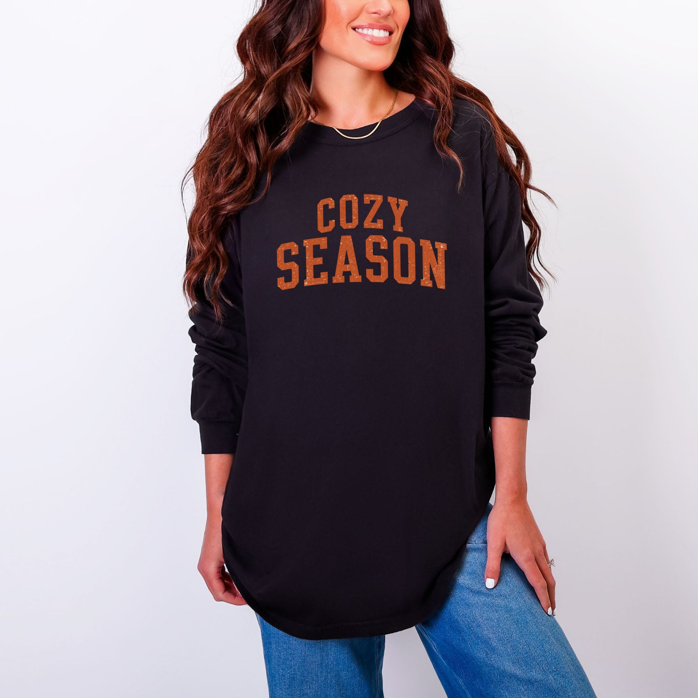 Cozy Season Curved Varsity Stack - Women's Garment Dyed Long Sleeve Graphic T-Shirt