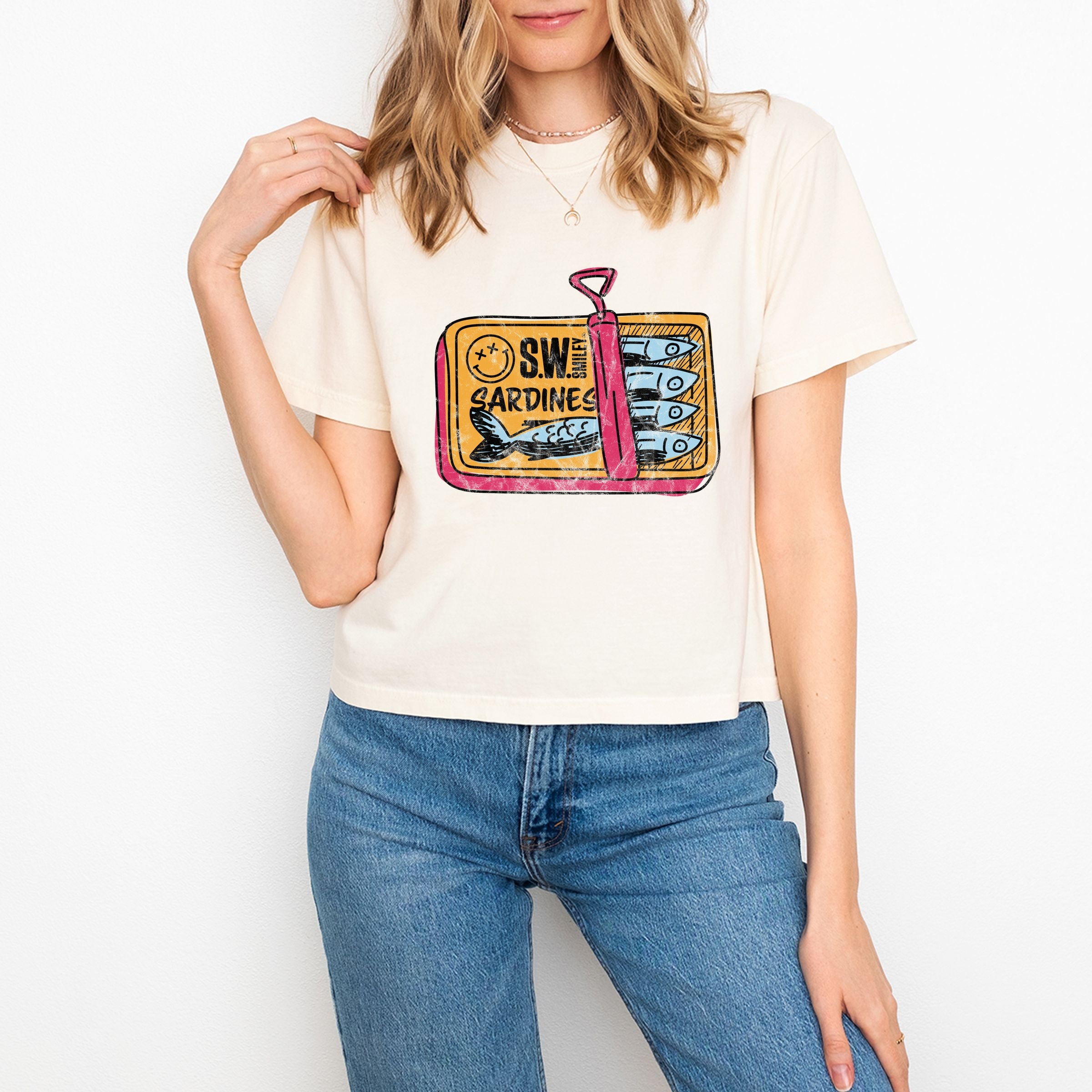 S.W.Smiley Sardine Tin - Women's Boxy Crop Top Graphic T-Shirt