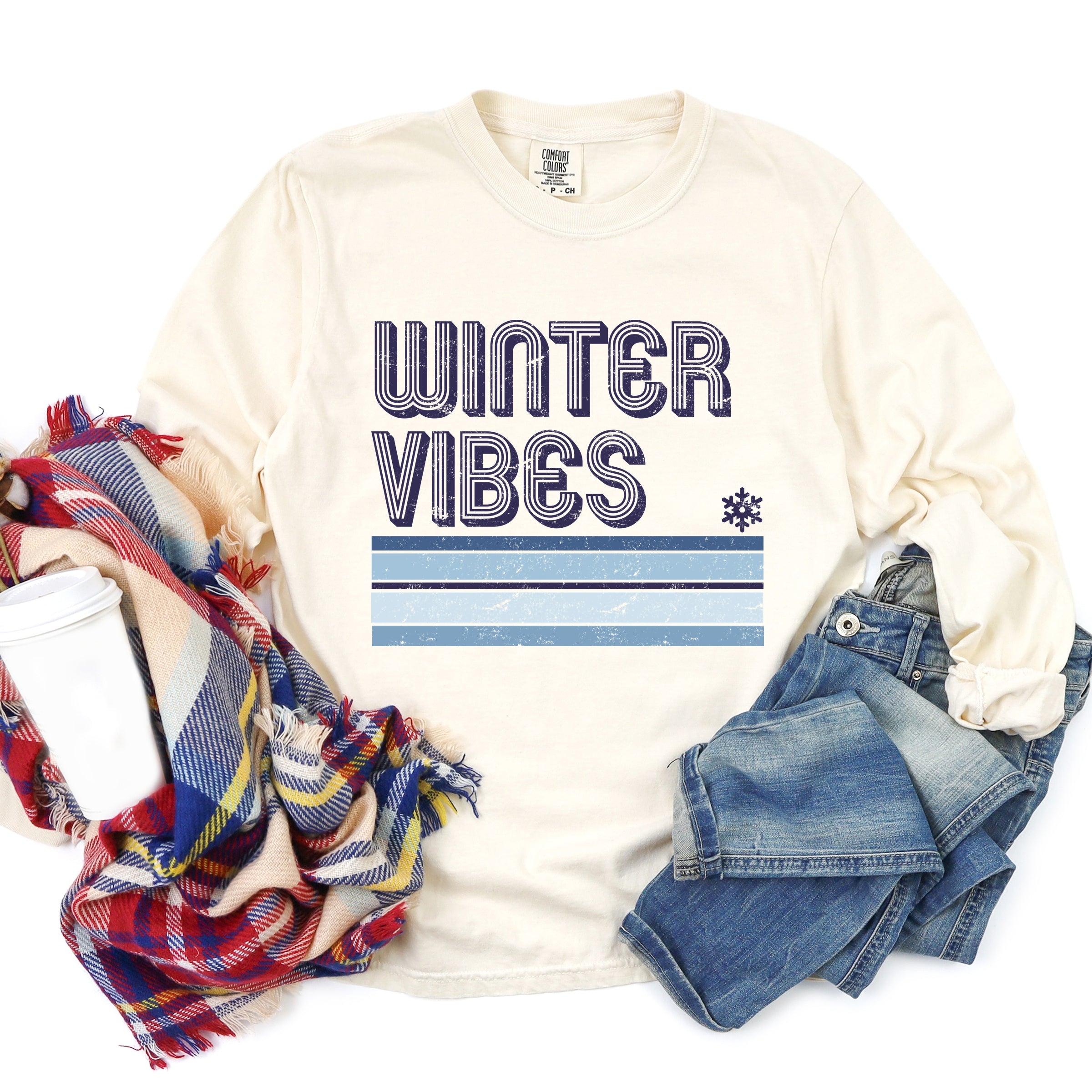 Winter Vibes Stripes - Women's Garment Dyed Long Sleeve Graphic T-Shirt