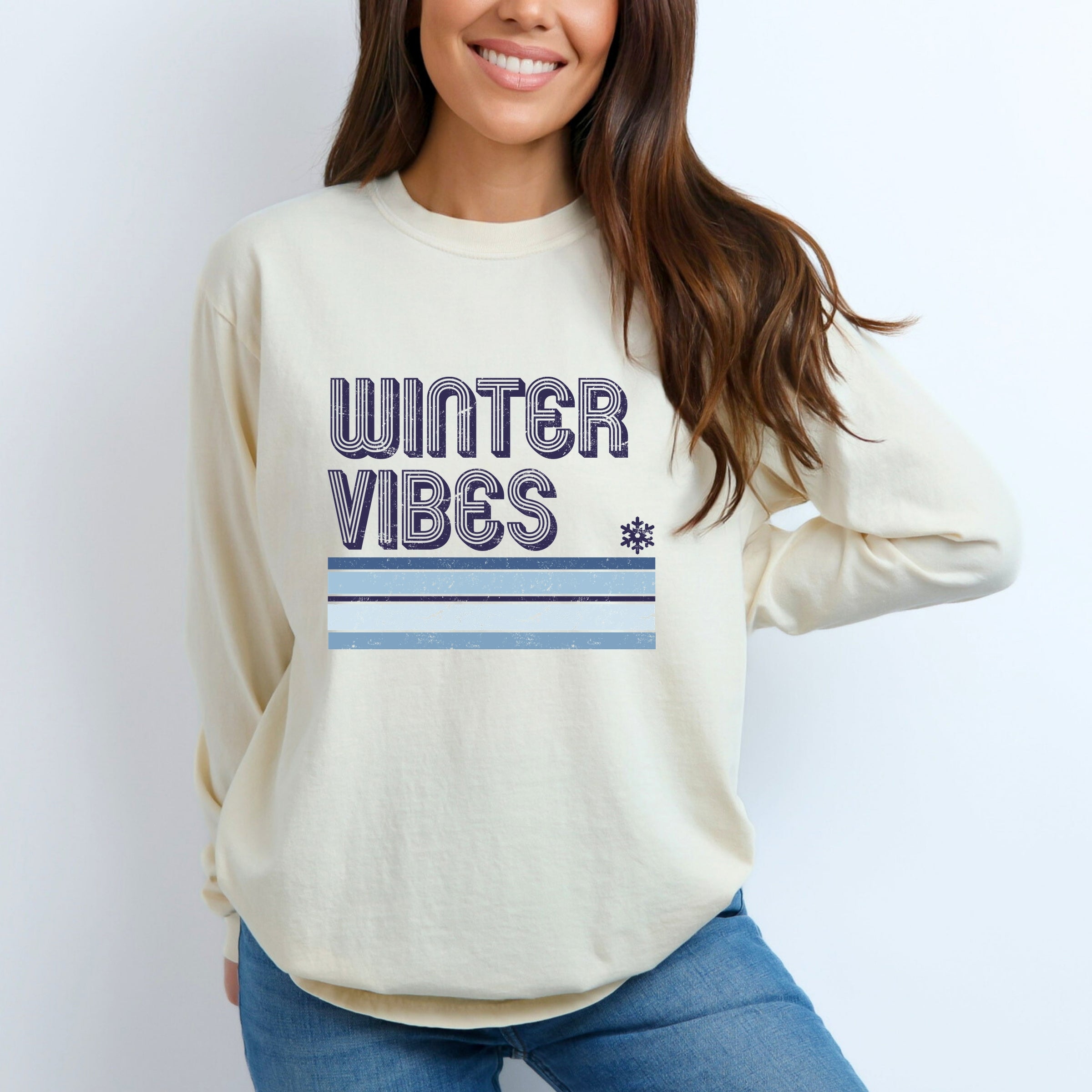 Winter Vibes Stripes - Women's Garment Dyed Long Sleeve Graphic T-Shirt