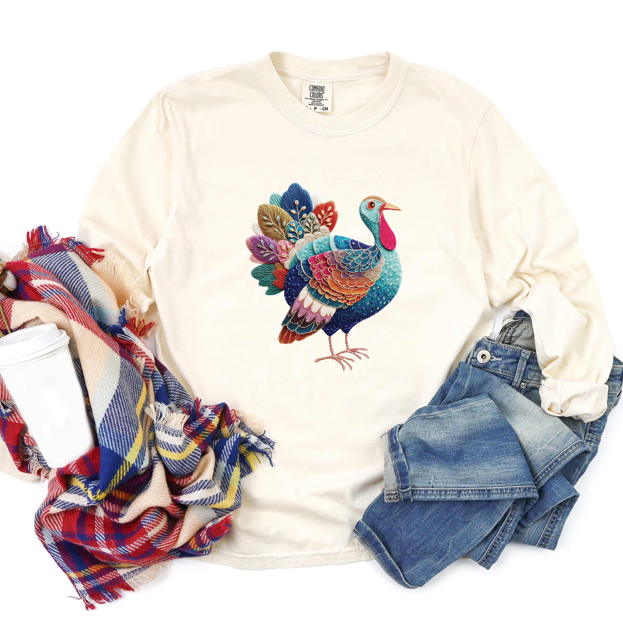 Turkey Patchwork Print - Women's Garment Dyed Long Sleeve Graphic T-Shirt