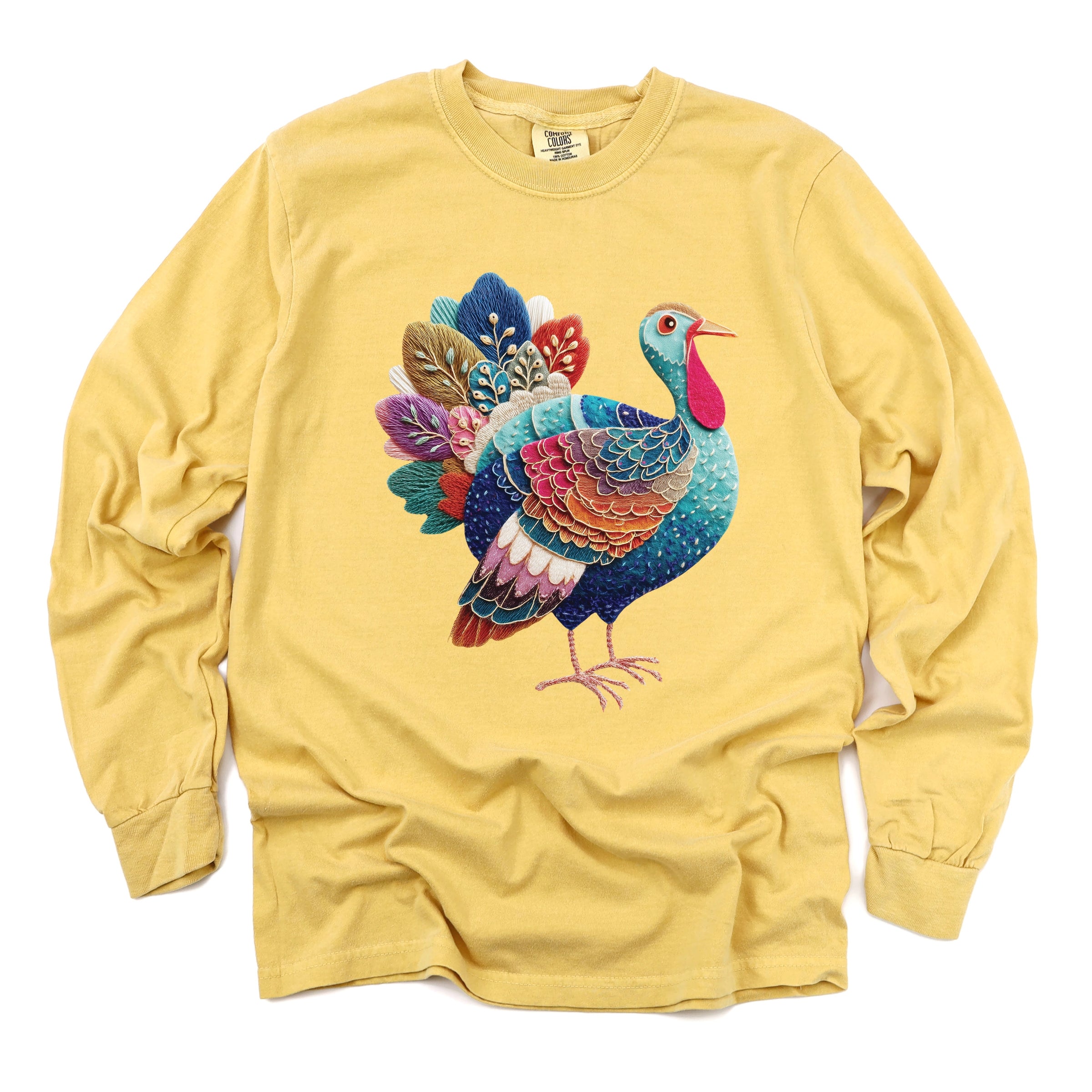 Turkey Patchwork Print - Women's Garment Dyed Long Sleeve Graphic T-Shirt