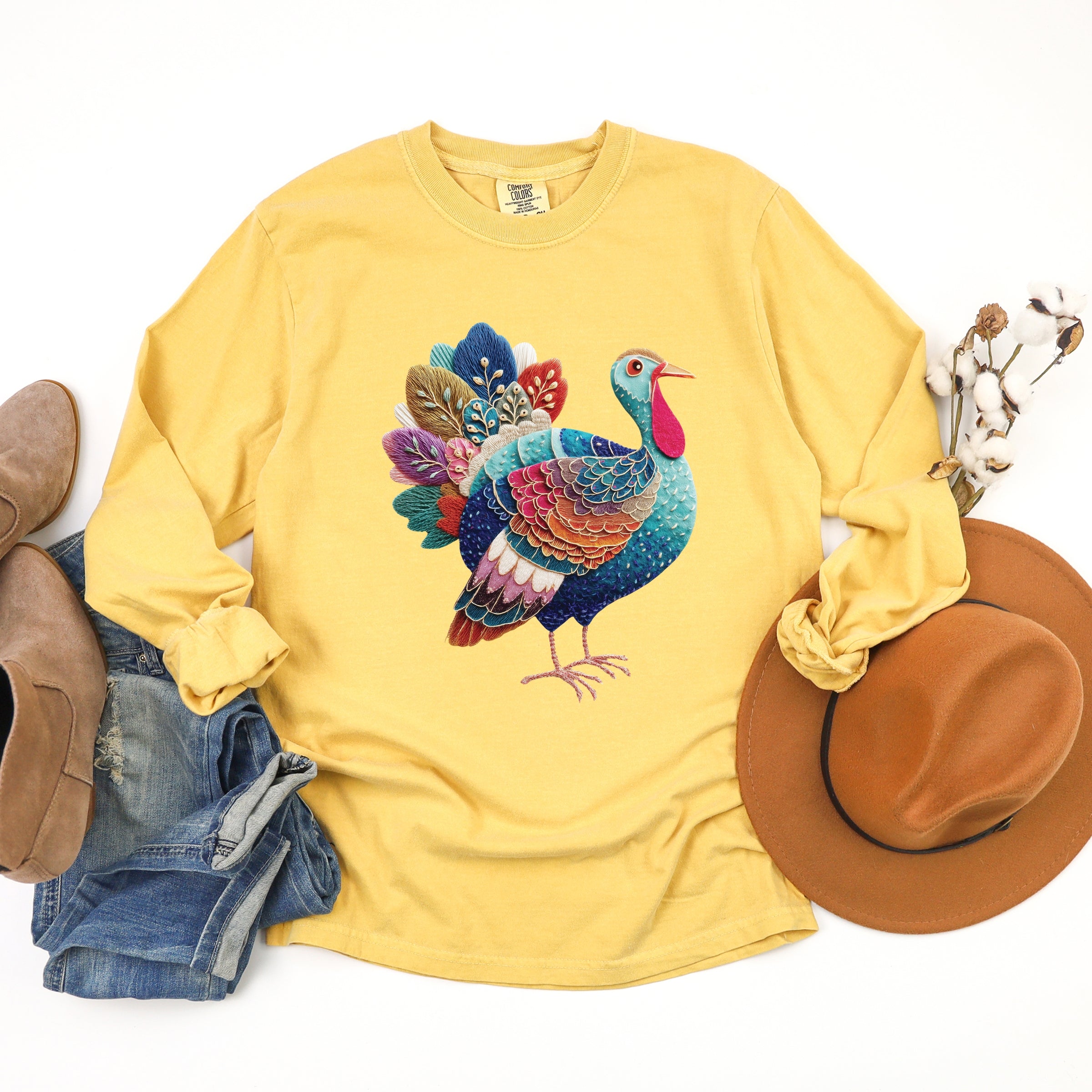 Turkey Patchwork Print - Women's Garment Dyed Long Sleeve Graphic T-Shirt