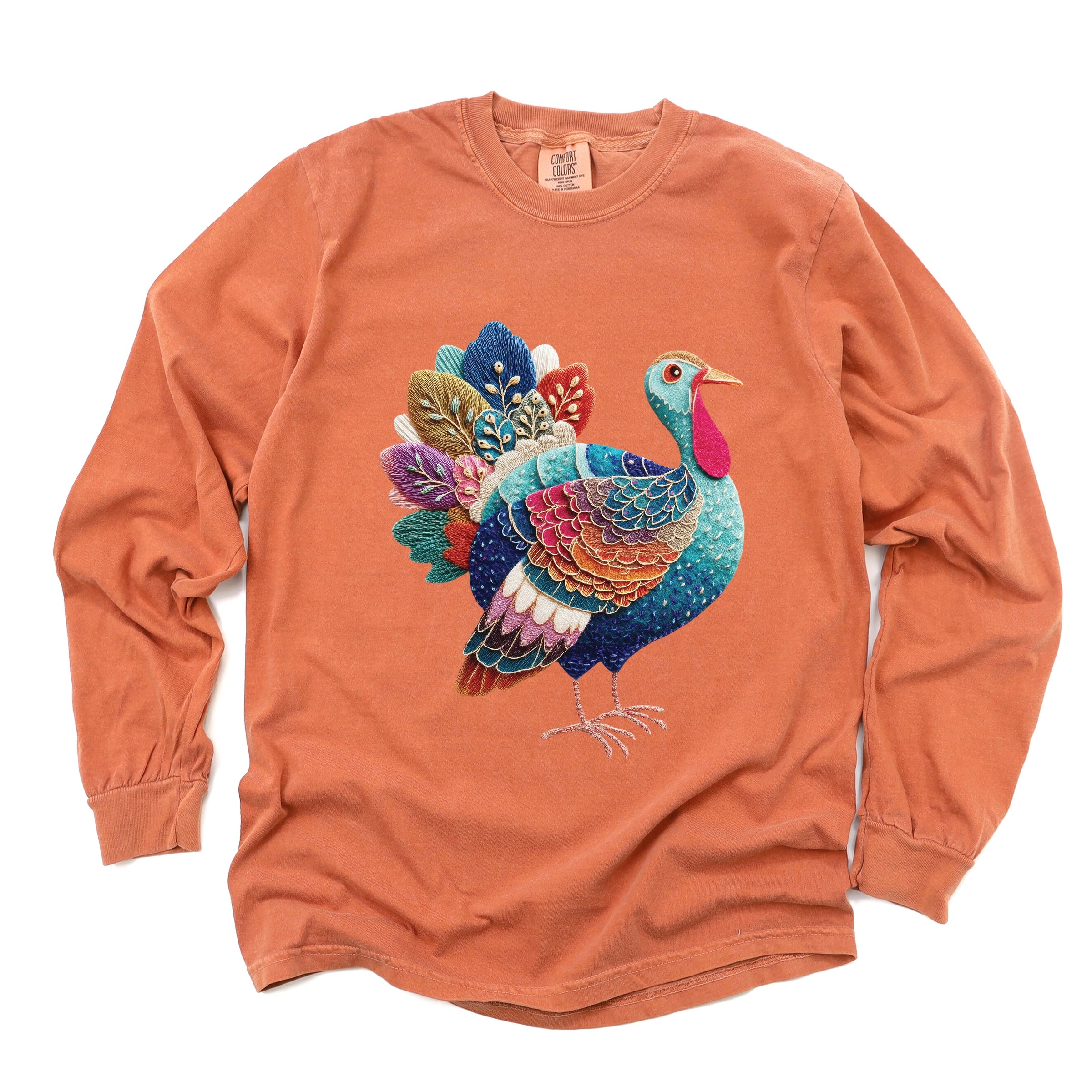 Turkey Patchwork Print - Women's Garment Dyed Long Sleeve Graphic T-Shirt