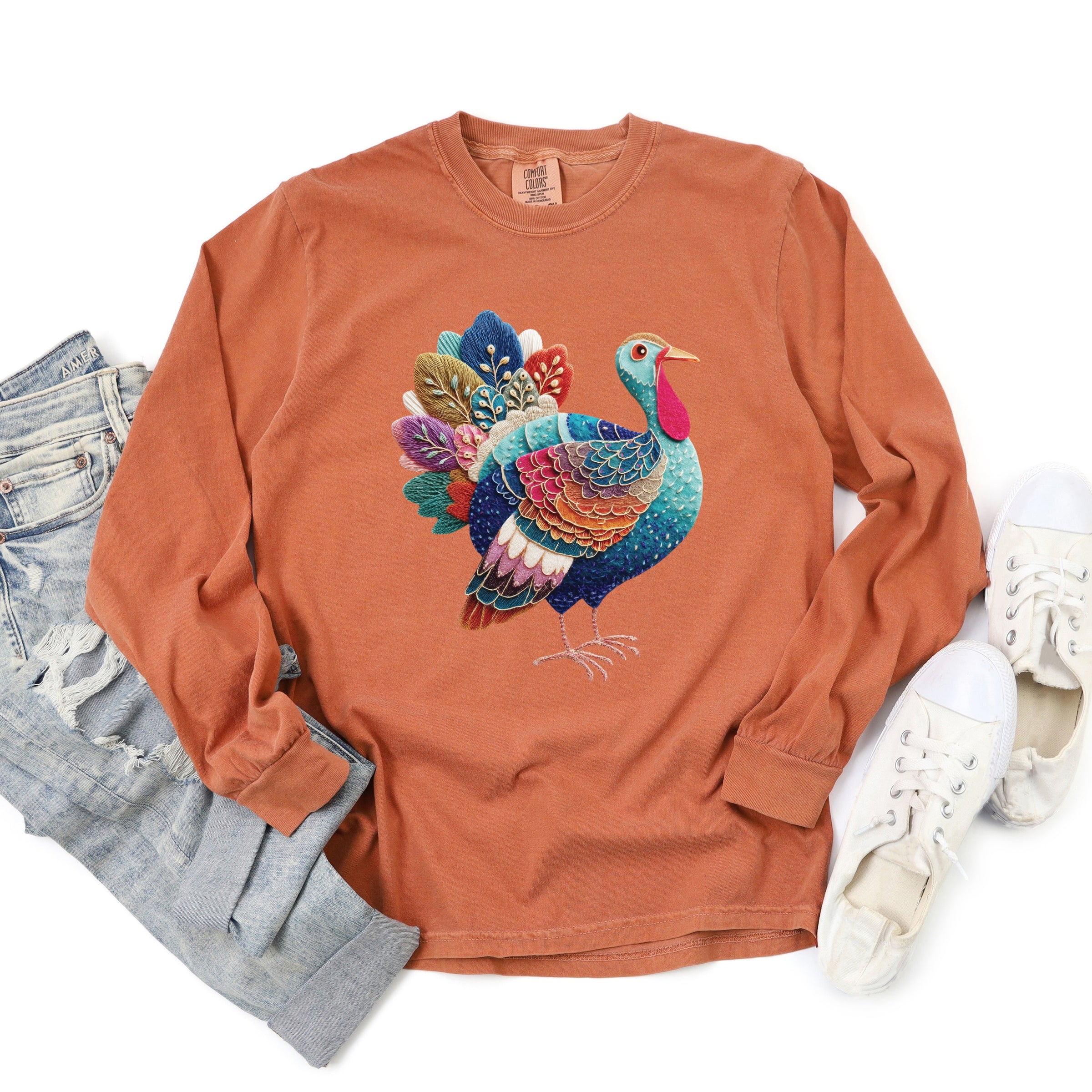 Turkey Patchwork Print - Women's Garment Dyed Long Sleeve Graphic T-Shirt