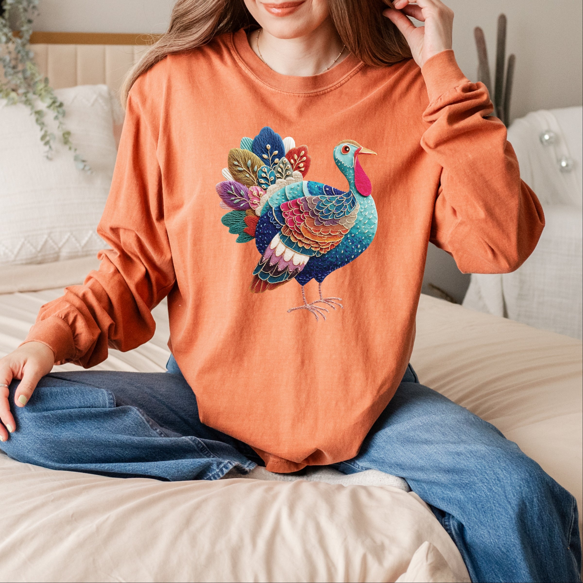 Turkey Patchwork Print - Women's Garment Dyed Long Sleeve Graphic T-Shirt