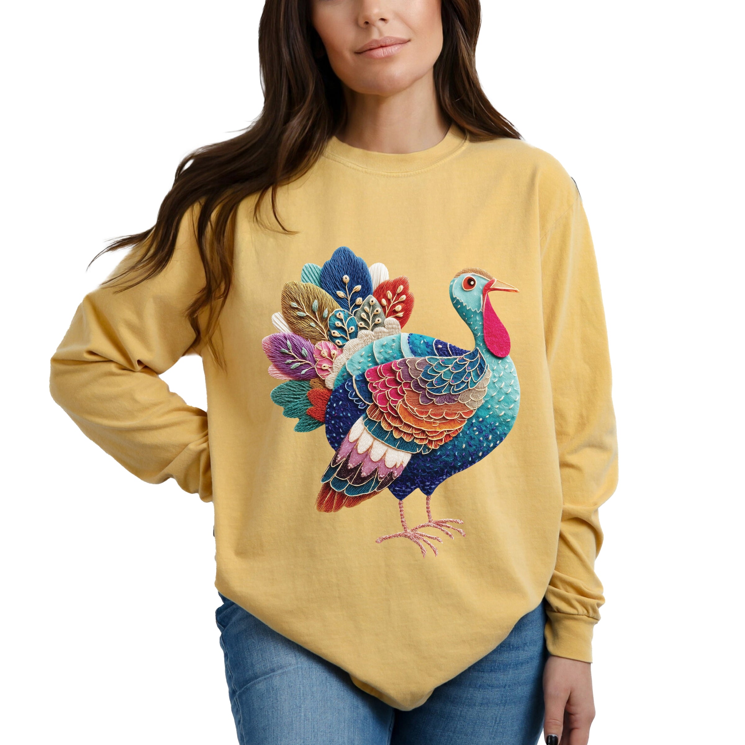 Turkey Patchwork Print - Women's Garment Dyed Long Sleeve Graphic T-Shirt