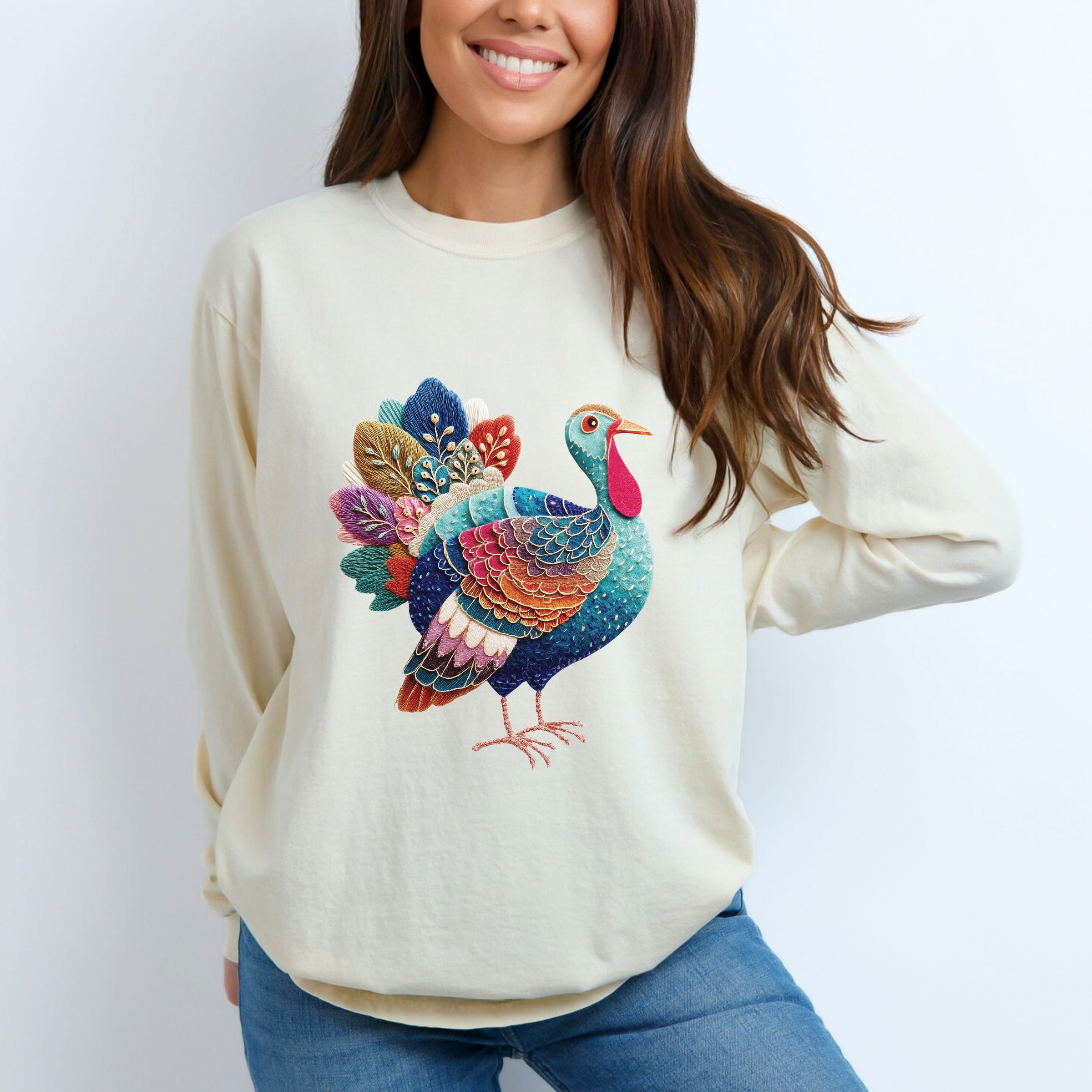 Turkey Patchwork Print - Women's Garment Dyed Long Sleeve Graphic T-Shirt