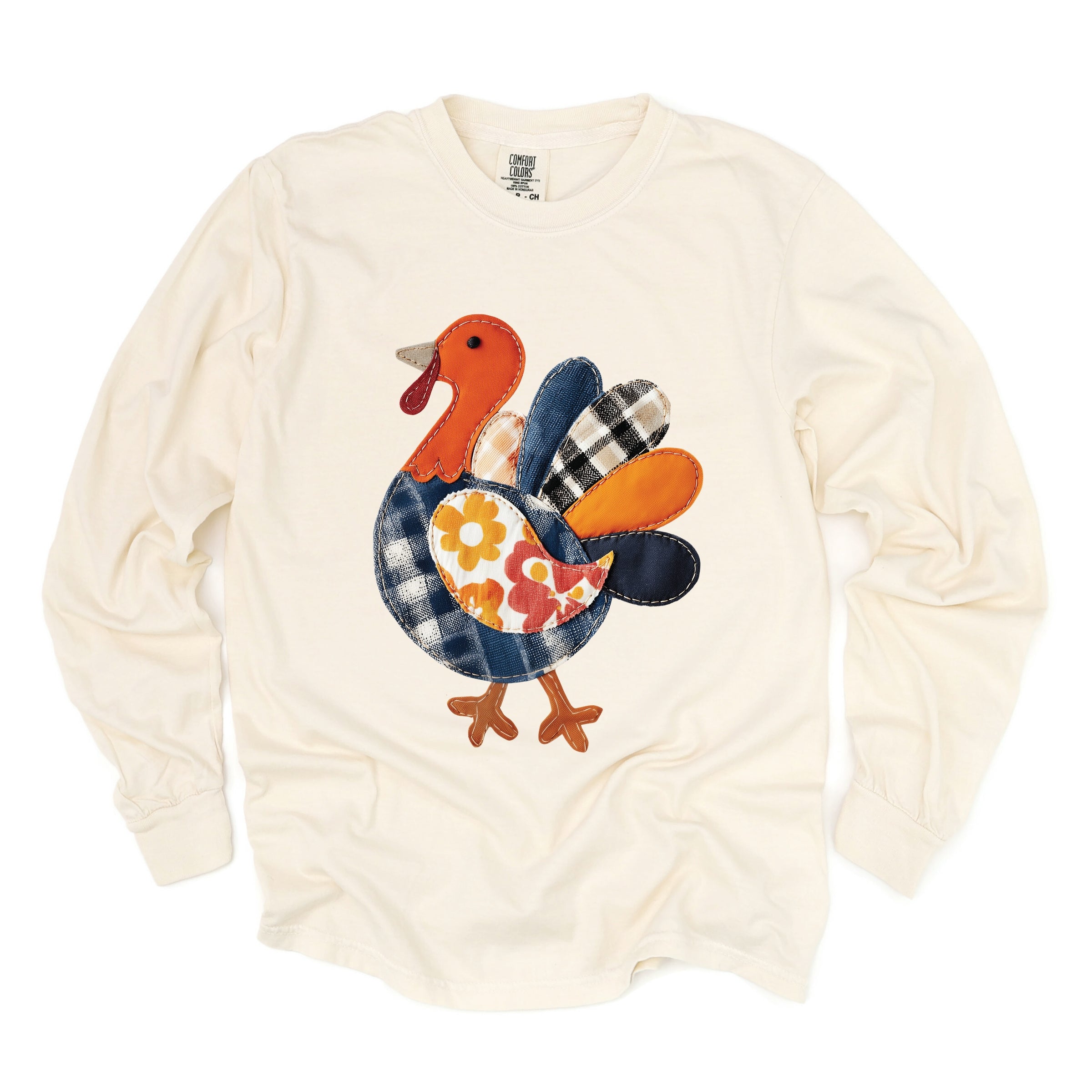 Plaid Turkey Patchwork Print - Women's Garment Dyed Long Sleeve Graphic T-Shirt