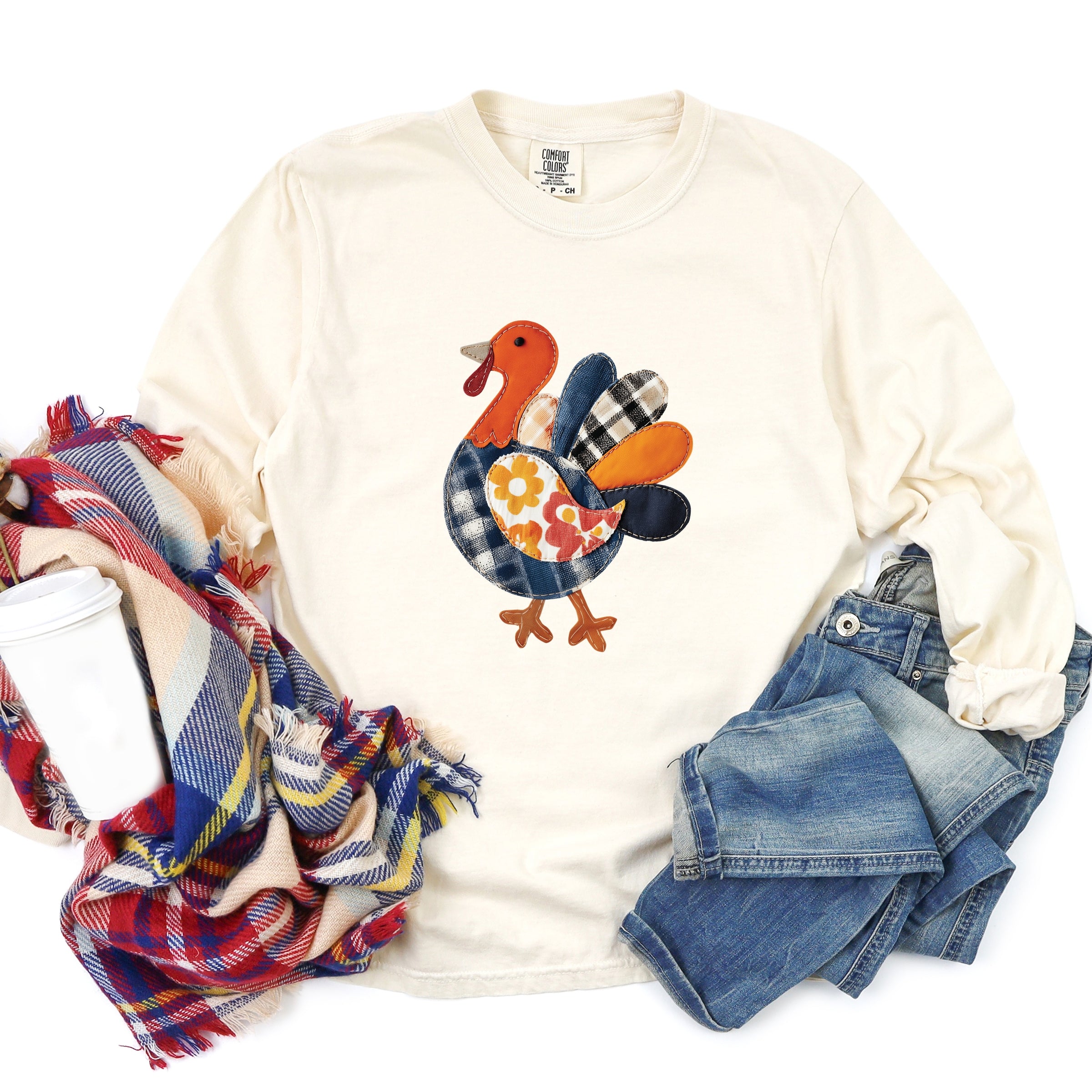 Plaid Turkey Patchwork Print - Women's Garment Dyed Long Sleeve Graphic T-Shirt