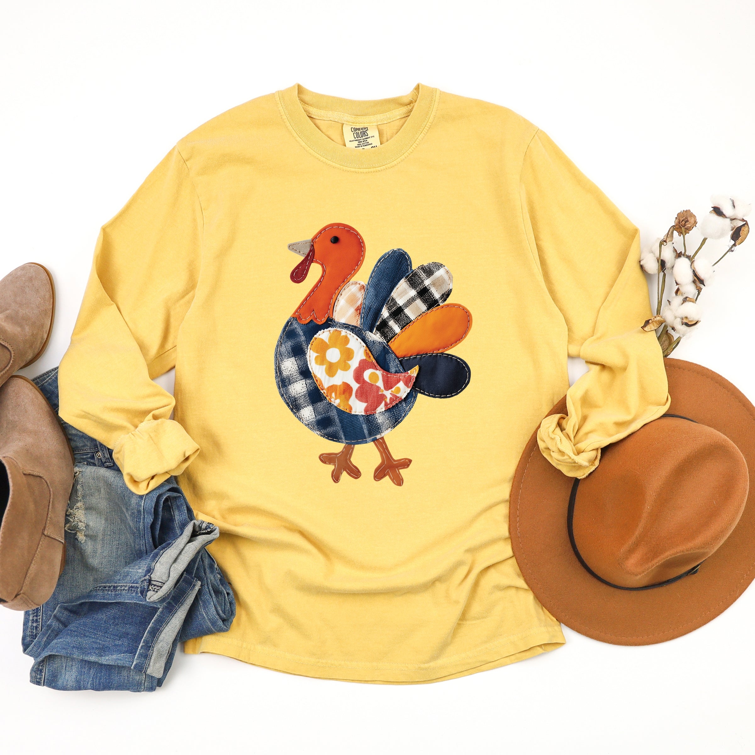 Plaid Turkey Patchwork Print - Women's Garment Dyed Long Sleeve Graphic T-Shirt