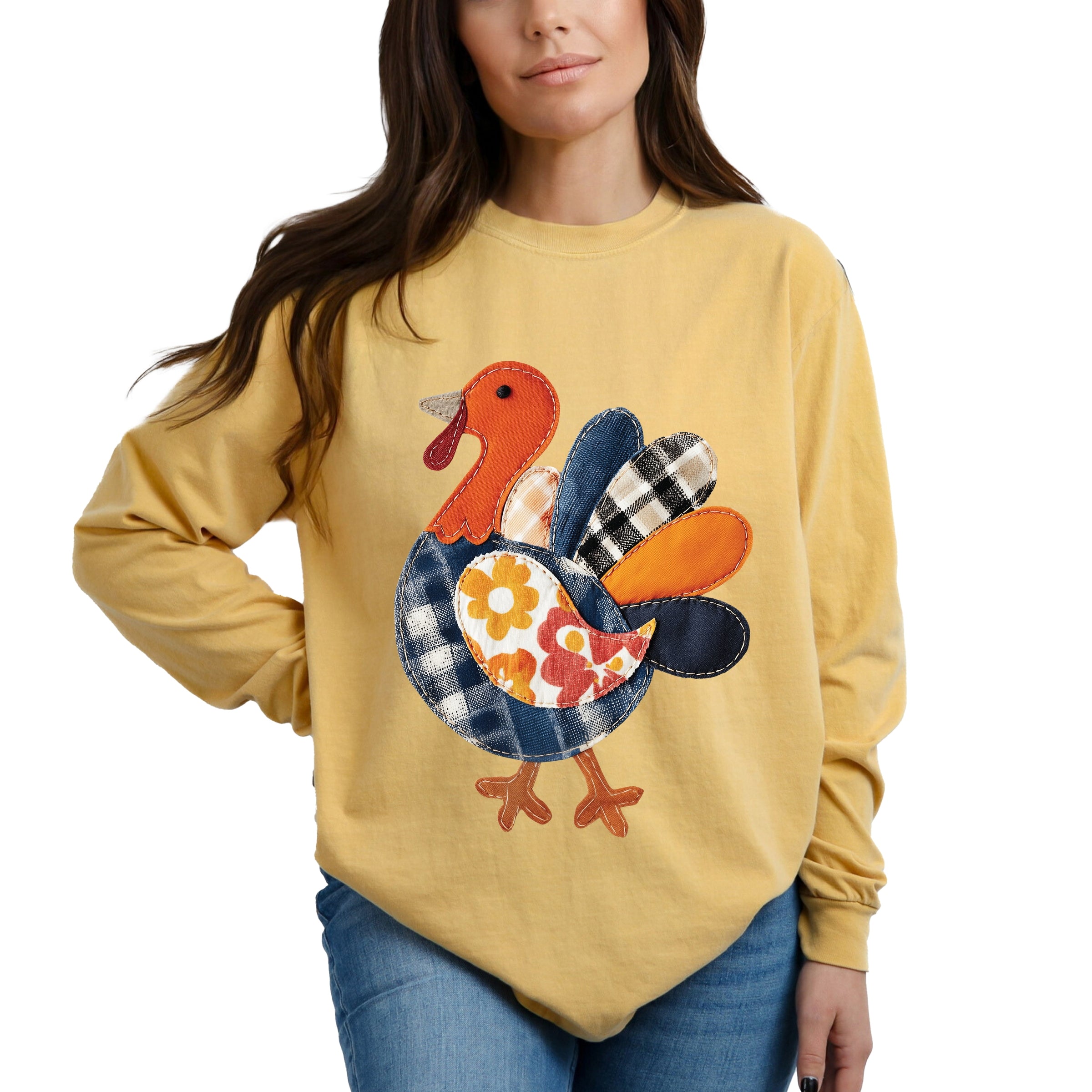Plaid Turkey Patchwork Print - Women's Garment Dyed Long Sleeve Graphic T-Shirt