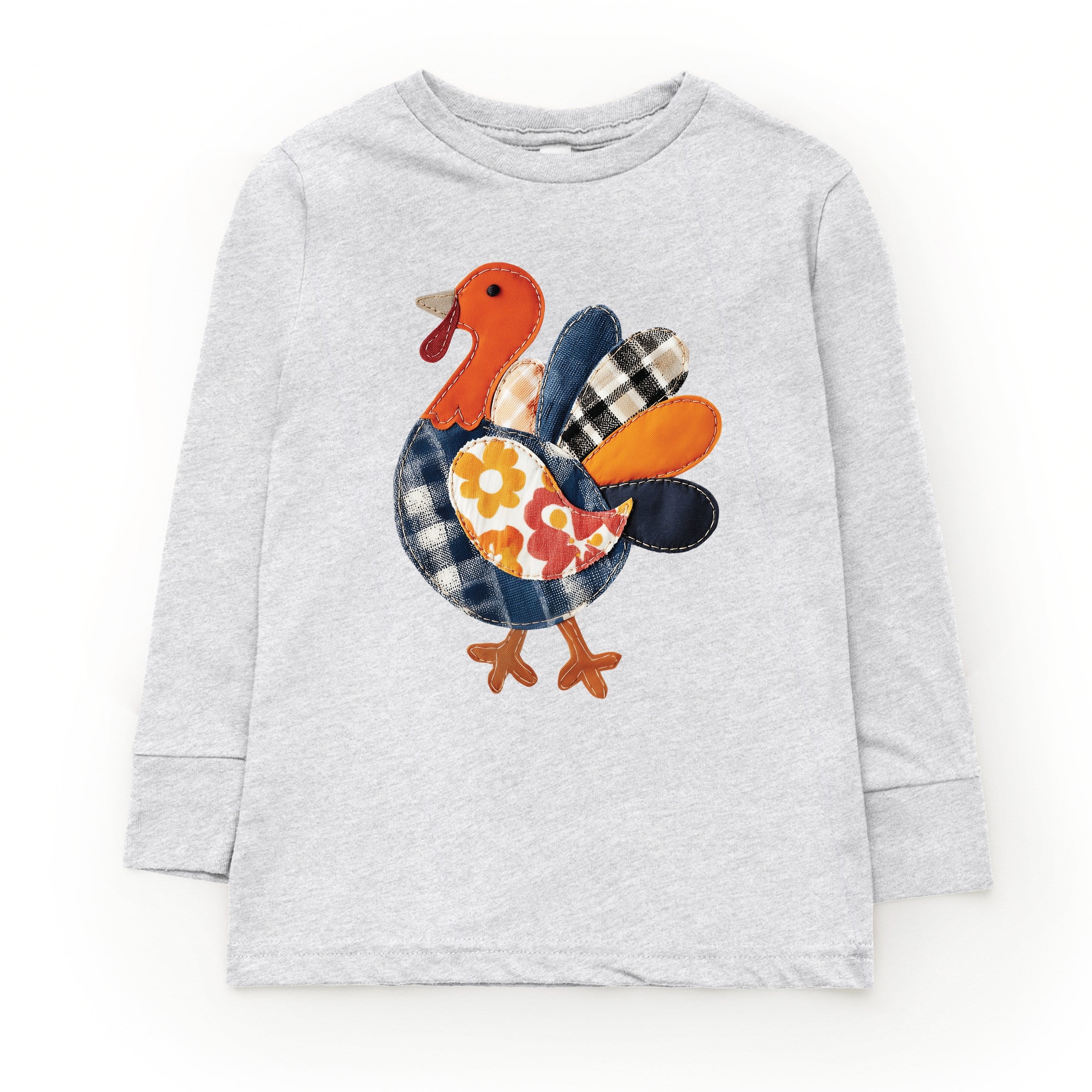 Plaid Turkey Patchwork Print - Youth Long Sleeve Graphic T-Shirt
