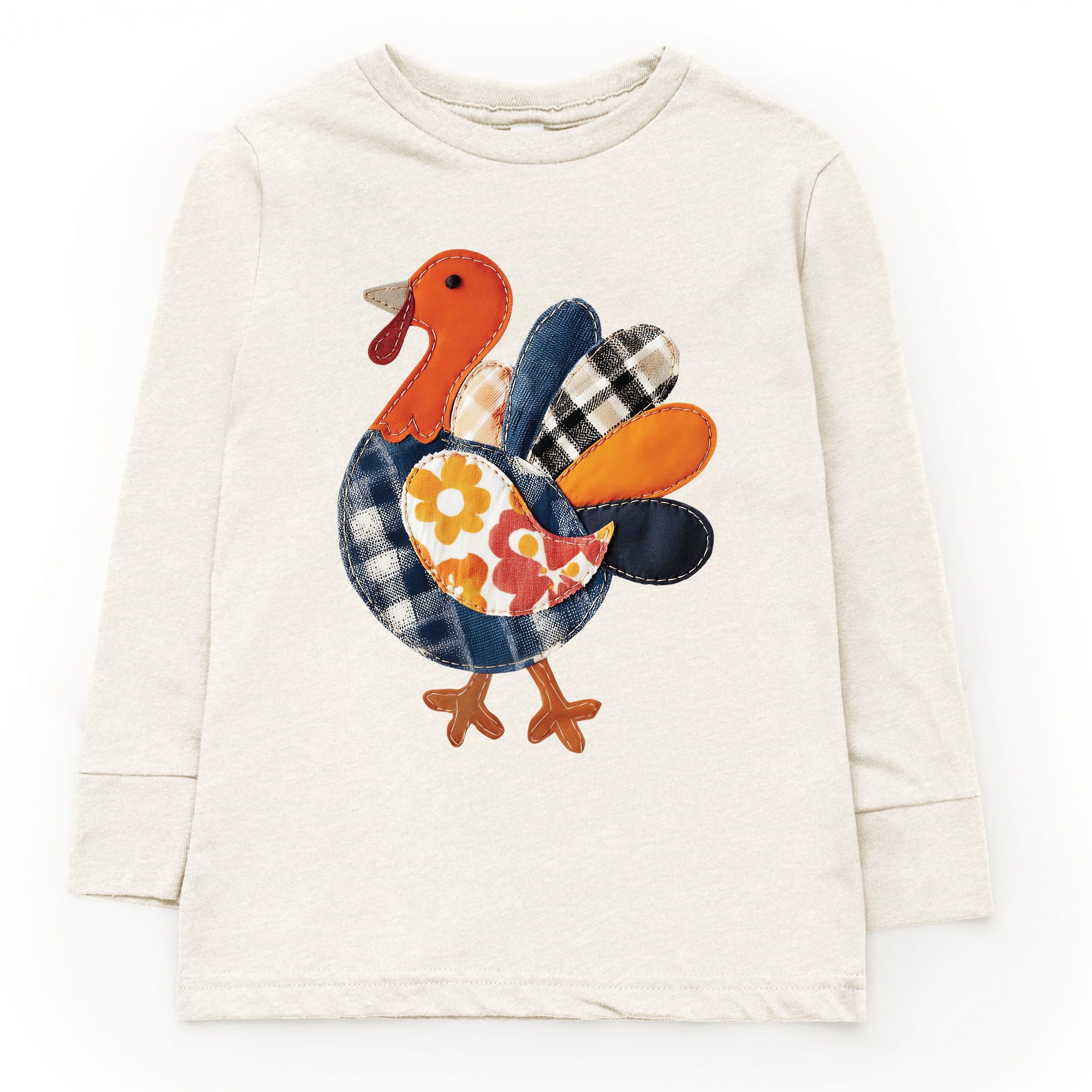 Plaid Turkey Patchwork Print - Youth Long Sleeve Graphic T-Shirt