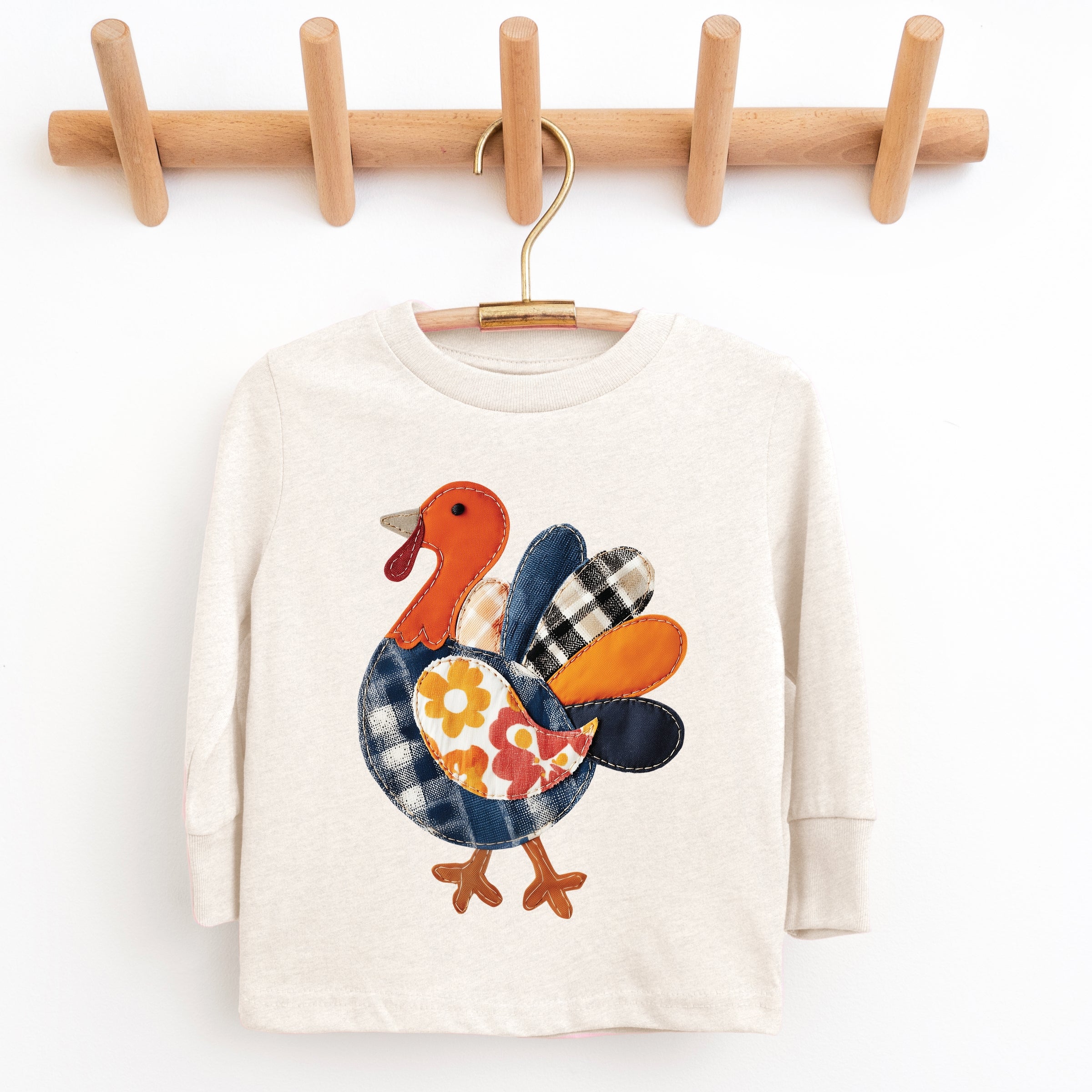 Plaid Turkey Patchwork Print - Youth Long Sleeve Graphic T-Shirt
