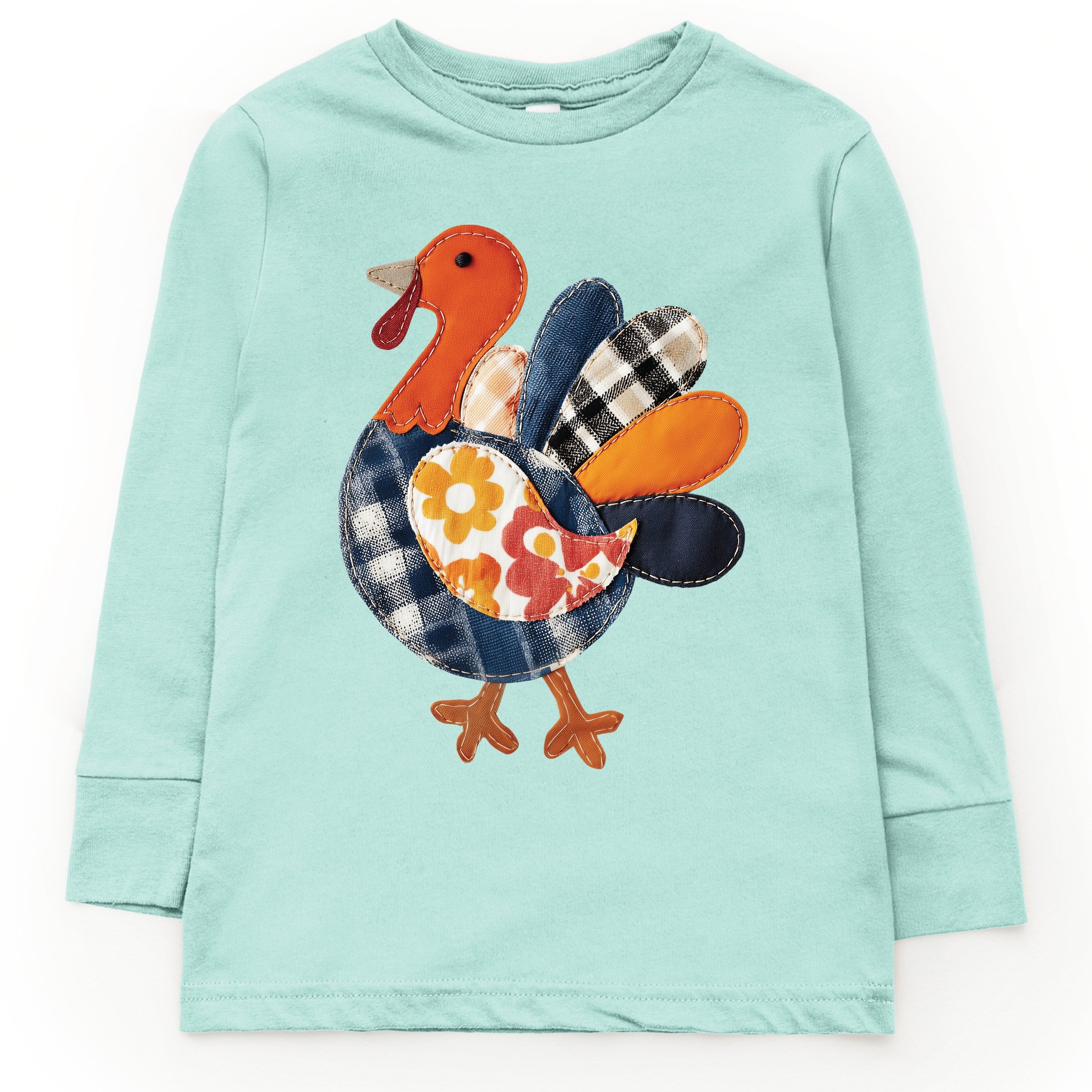 Plaid Turkey Patchwork Print - Youth Long Sleeve Graphic T-Shirt