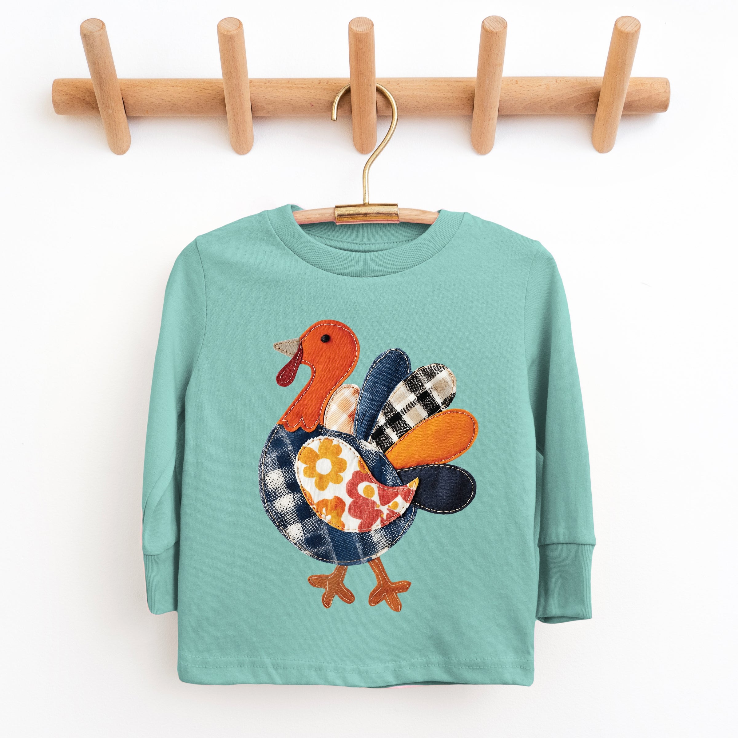 Plaid Turkey Patchwork Print - Youth Long Sleeve Graphic T-Shirt