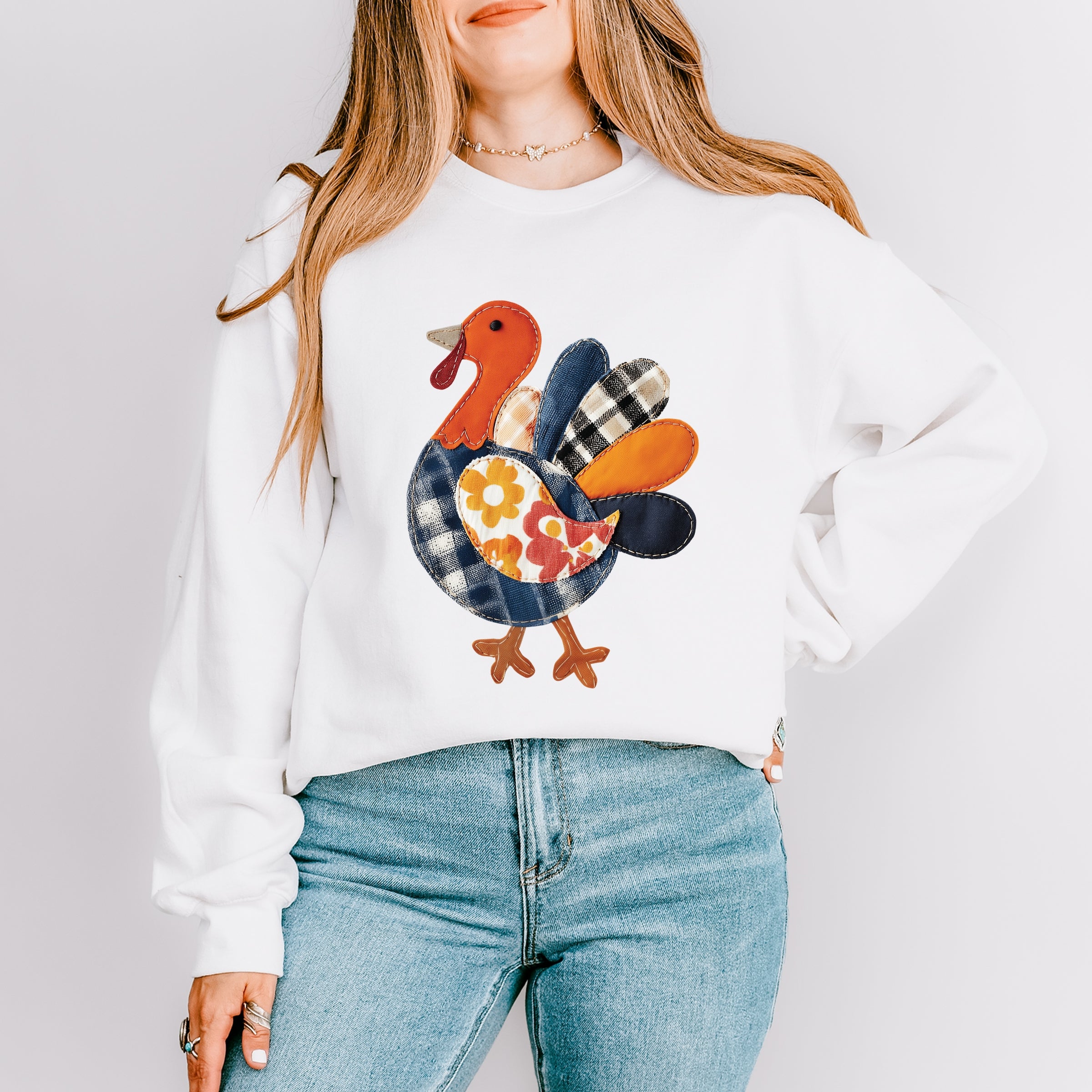 Plaid Turkey Patchwork Print - Women's Graphic Sweatshirt