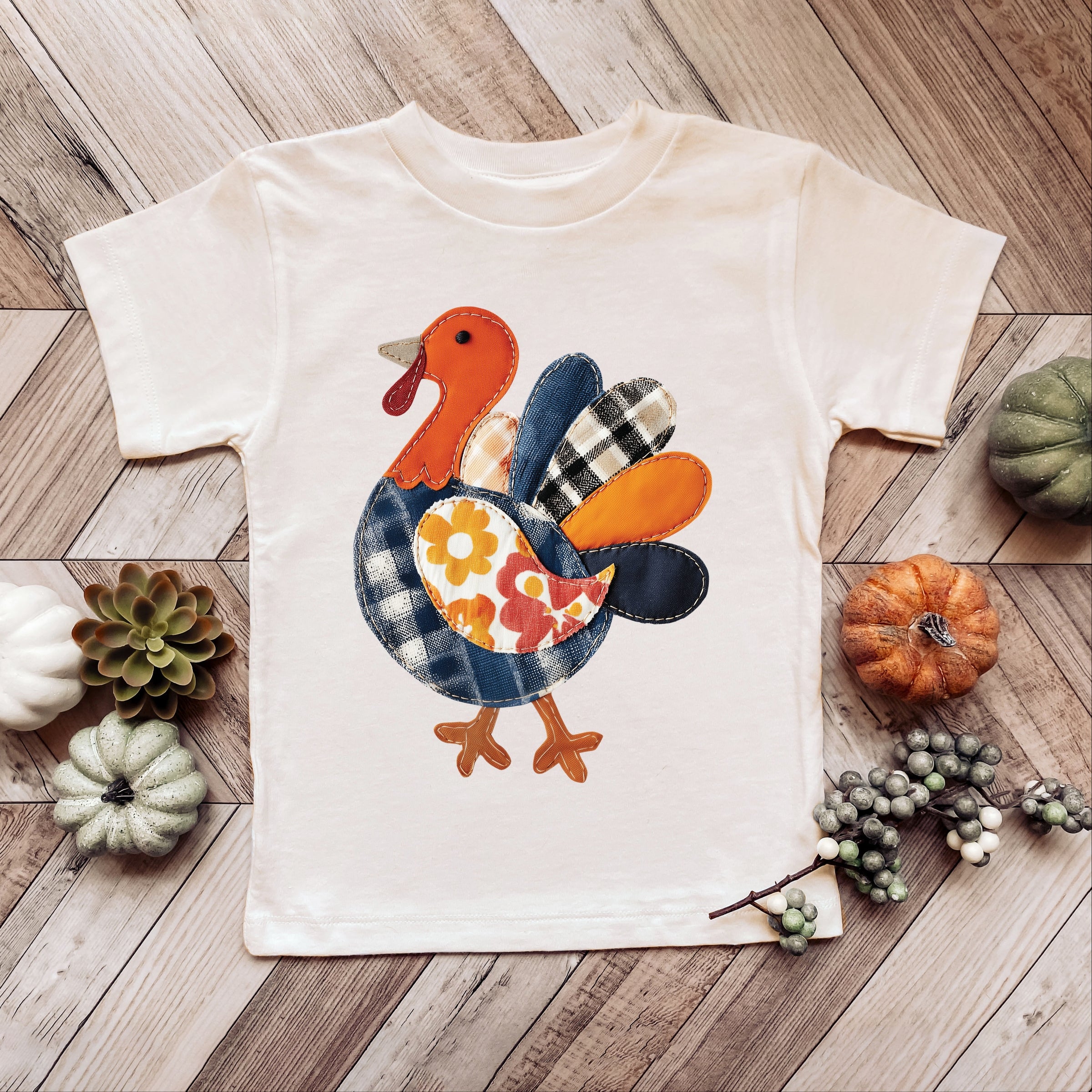 Plaid Turkey Patchwork Print - Toddler Short Sleeve Graphic T-Shirt