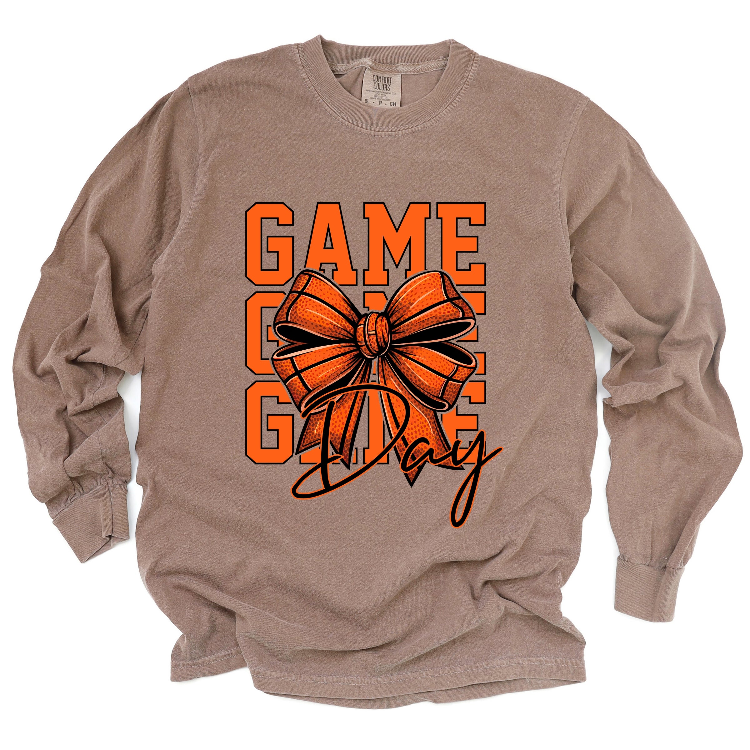 Coquette Basketball Bow Game Day Stacked - Women's Garment Dyed Long Sleeve Graphic T-Shirt