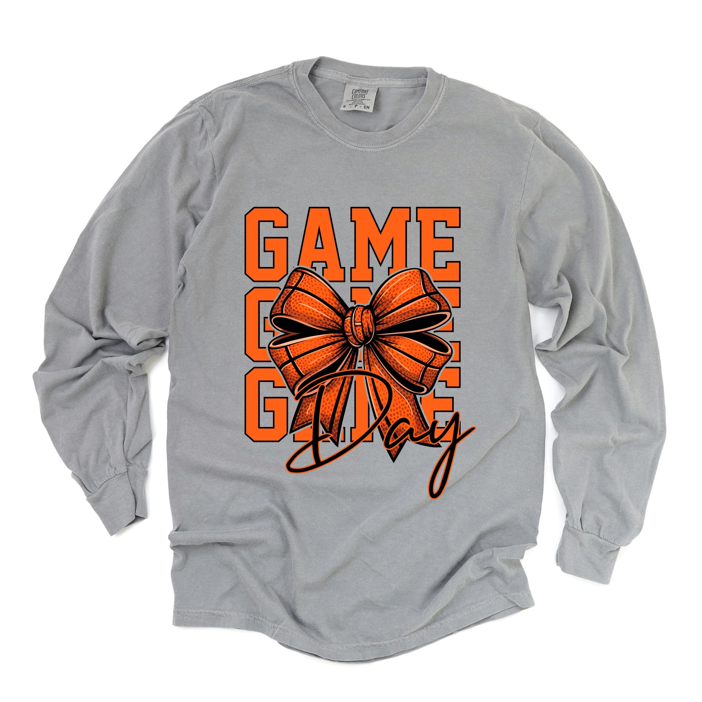 Coquette Basketball Bow Game Day Stacked - Women's Garment Dyed Long Sleeve Graphic T-Shirt