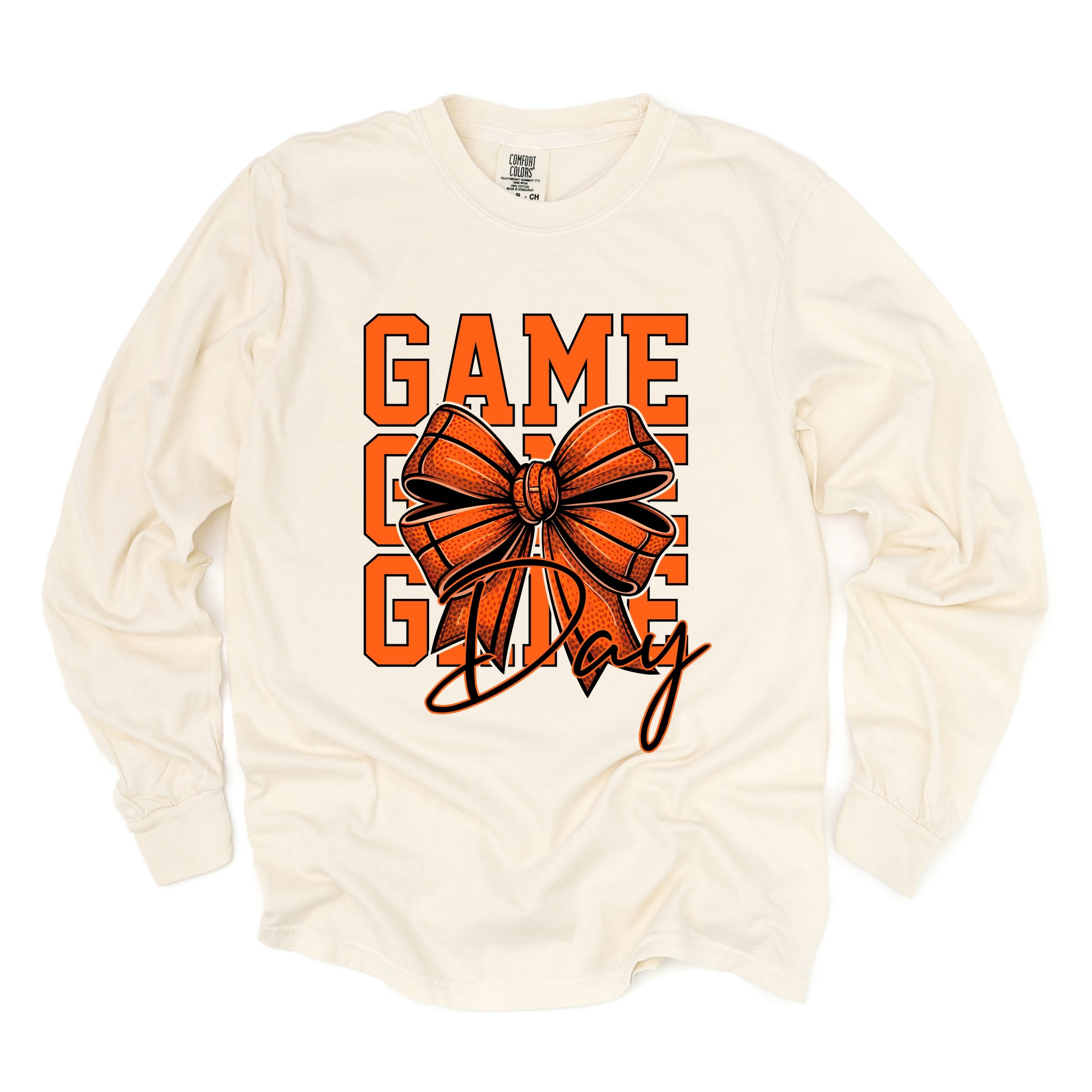 Coquette Basketball Bow Game Day Stacked - Women's Garment Dyed Long Sleeve Graphic T-Shirt