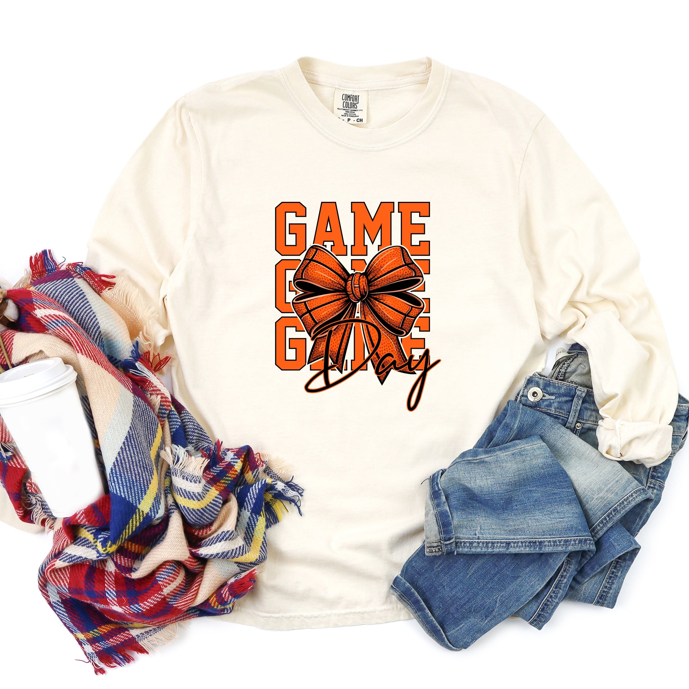 Coquette Basketball Bow Game Day Stacked - Women's Garment Dyed Long Sleeve Graphic T-Shirt