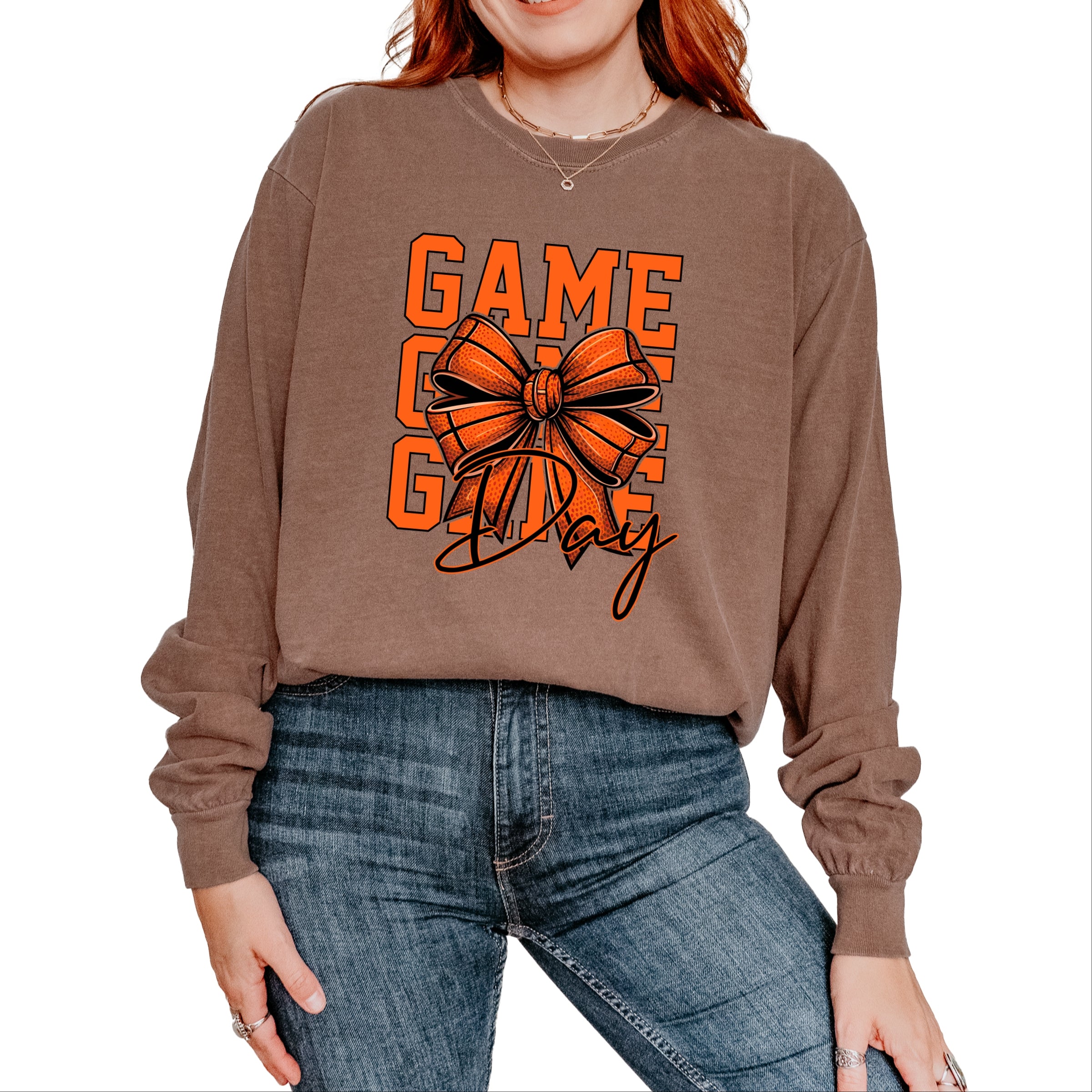 Coquette Basketball Bow Game Day Stacked - Women's Garment Dyed Long Sleeve Graphic T-Shirt
