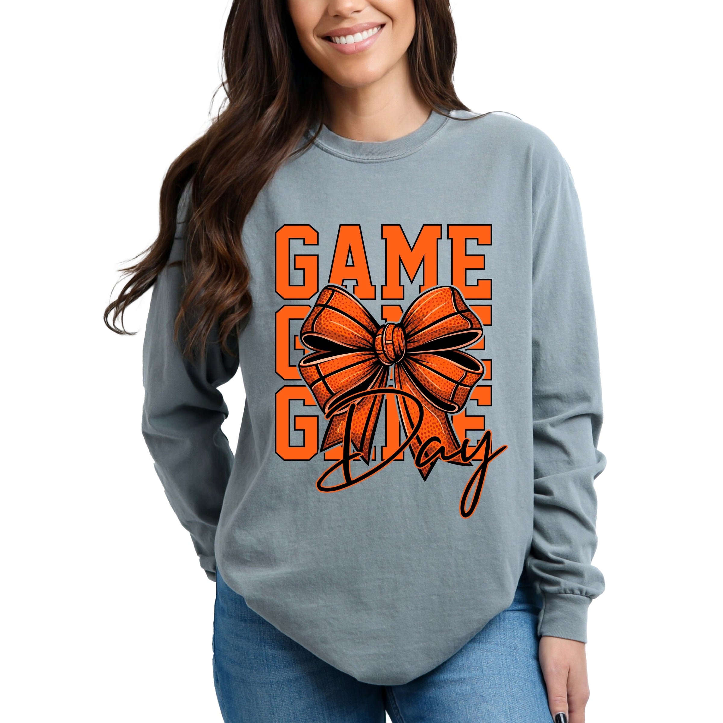 Coquette Basketball Bow Game Day Stacked - Women's Garment Dyed Long Sleeve Graphic T-Shirt
