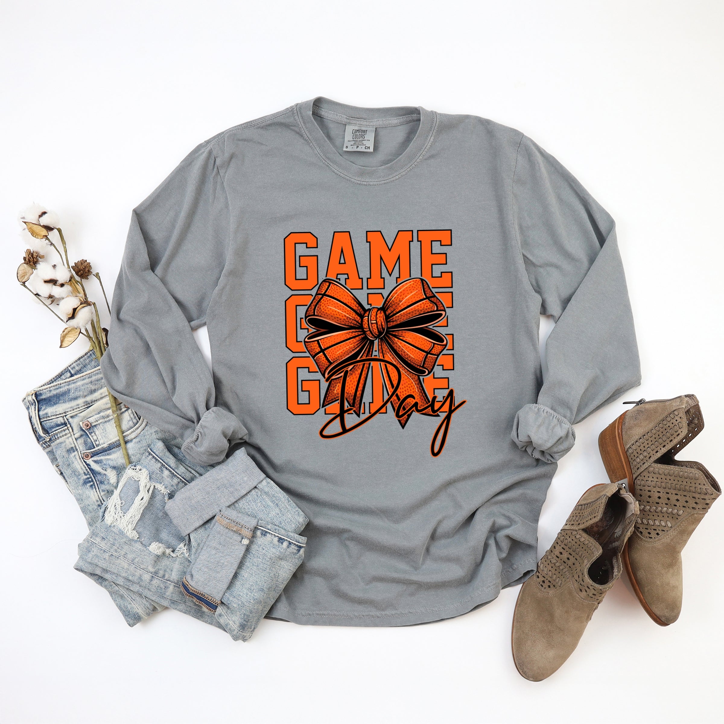 Coquette Basketball Bow Game Day Stacked - Women's Garment Dyed Long Sleeve Graphic T-Shirt