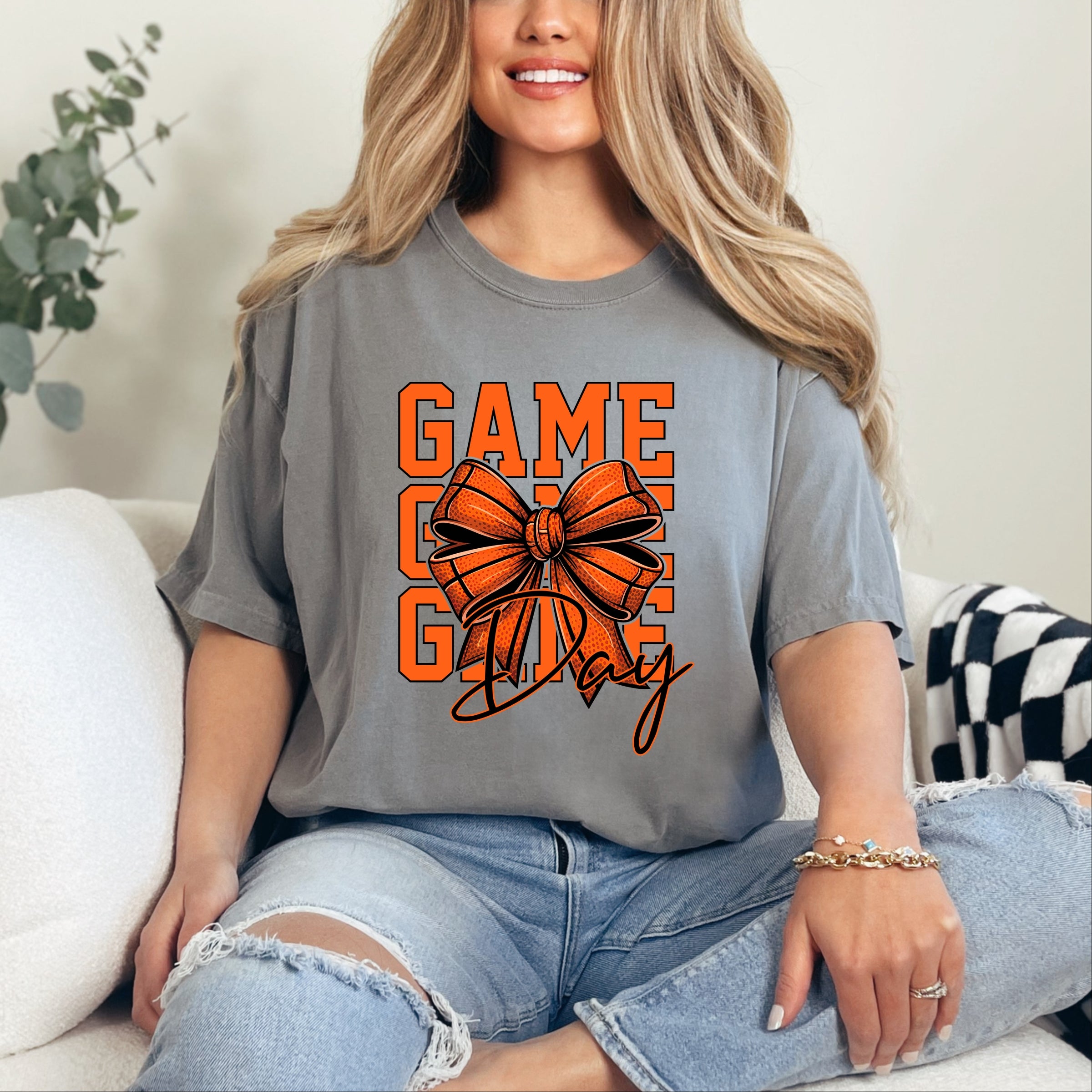 Coquette Basketball Bow Game Day Stacked - Women's Garment Dyed Graphic T-Shirt
