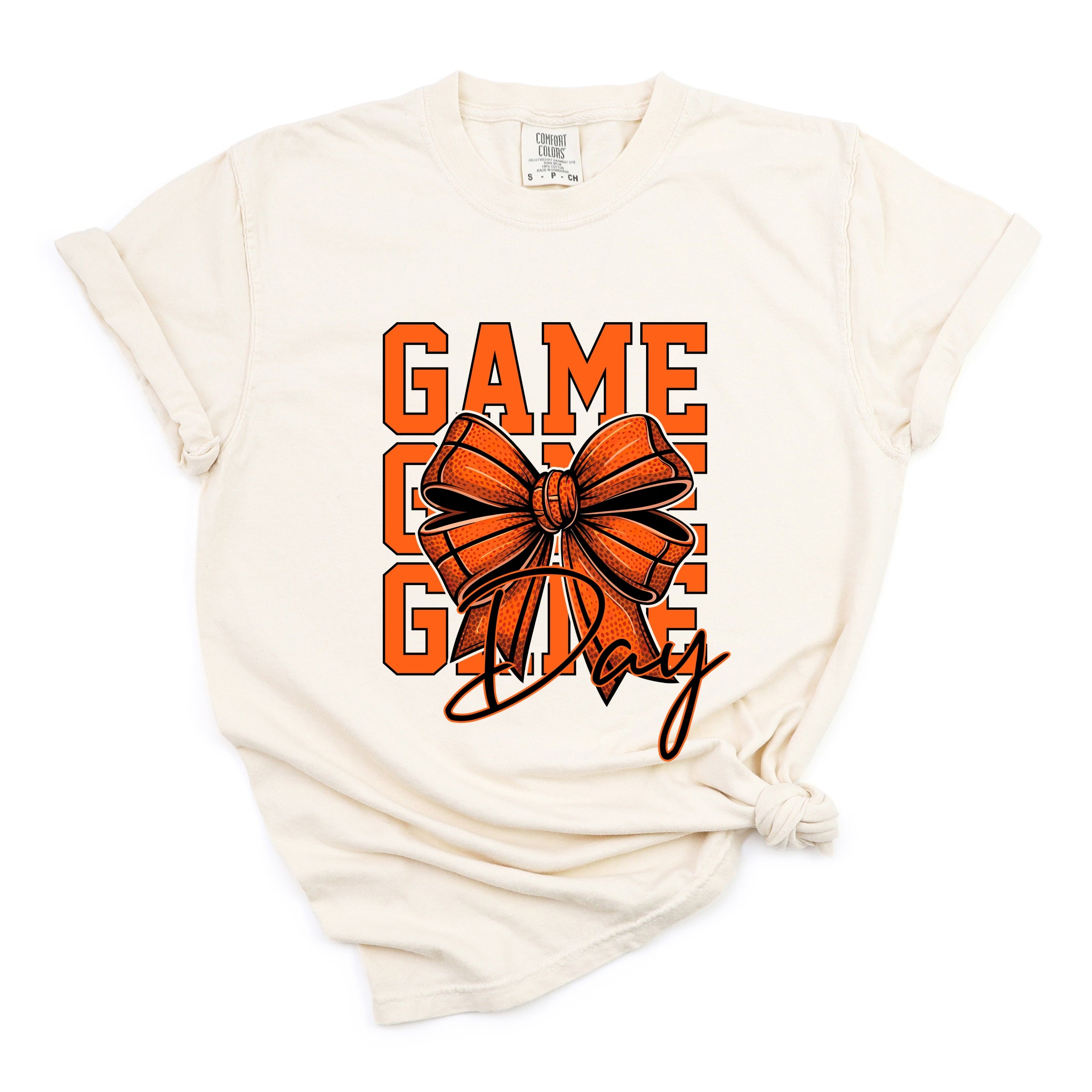 Coquette Basketball Bow Game Day Stacked - Women's Garment Dyed Graphic T-Shirt