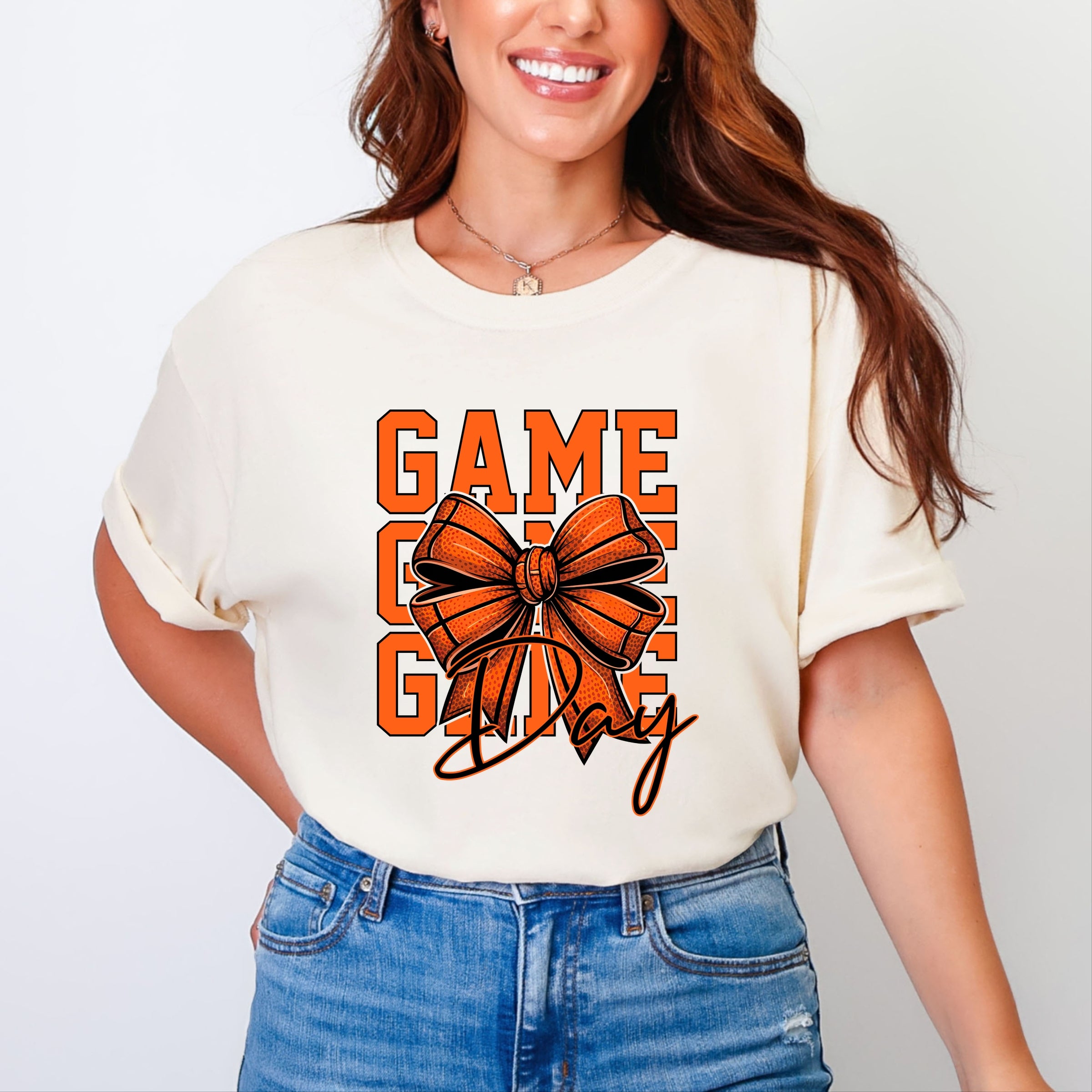 Coquette Basketball Bow Game Day Stacked - Women's Garment Dyed Graphic T-Shirt