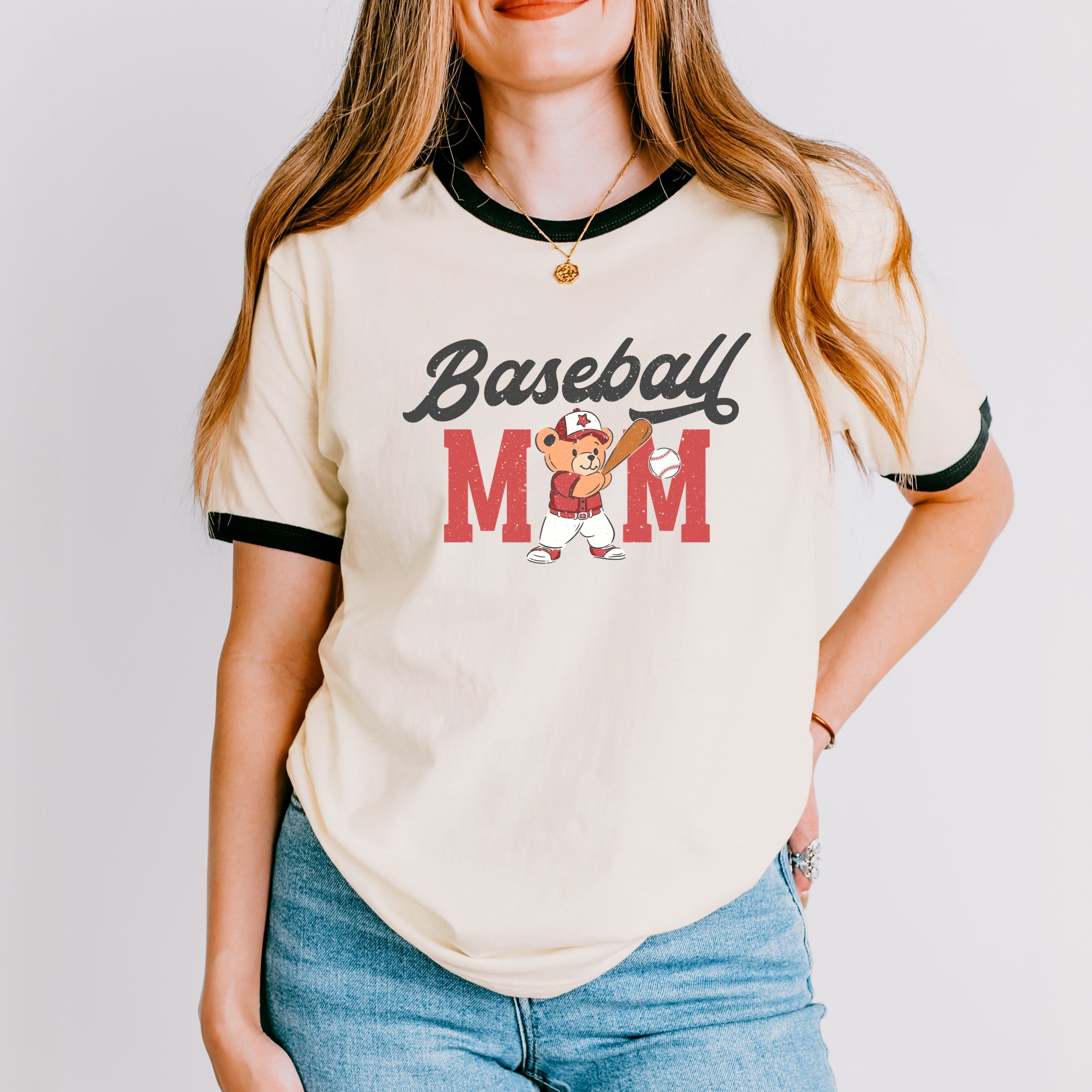 Baseball Mom Teddy Bear - Women's Ringer Graphic T-Shirt