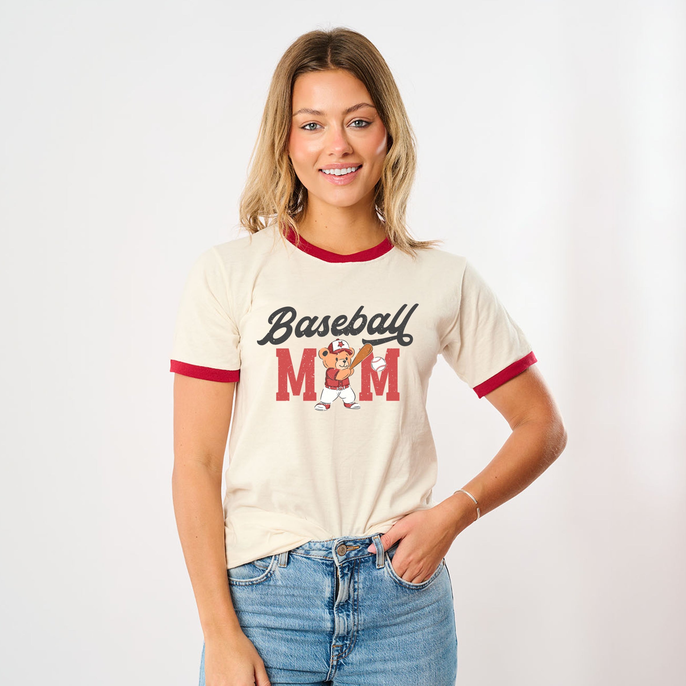 Baseball Mom Teddy Bear - Women's Ringer Graphic T-Shirt