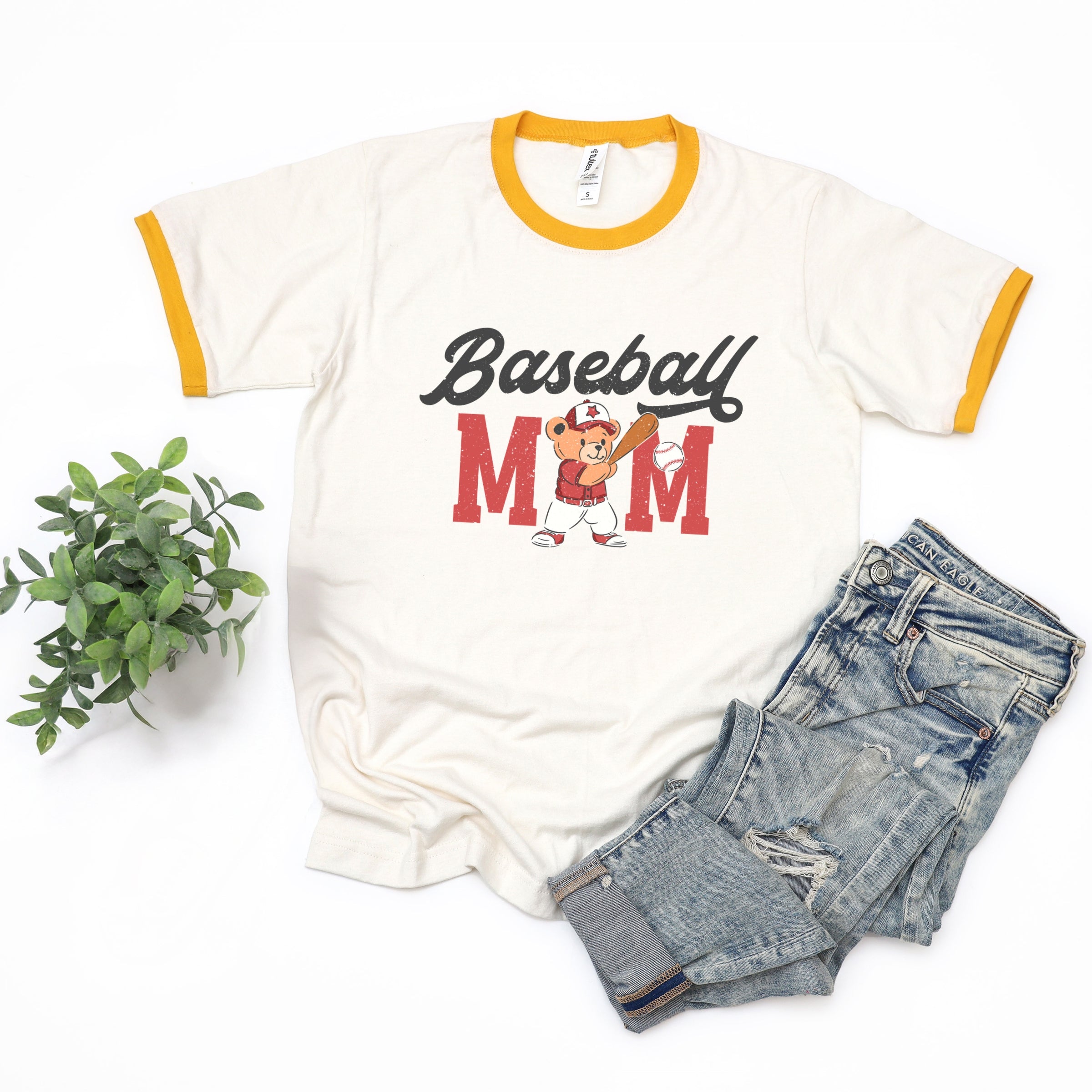 Baseball Mom Teddy Bear - Women's Ringer Graphic T-Shirt