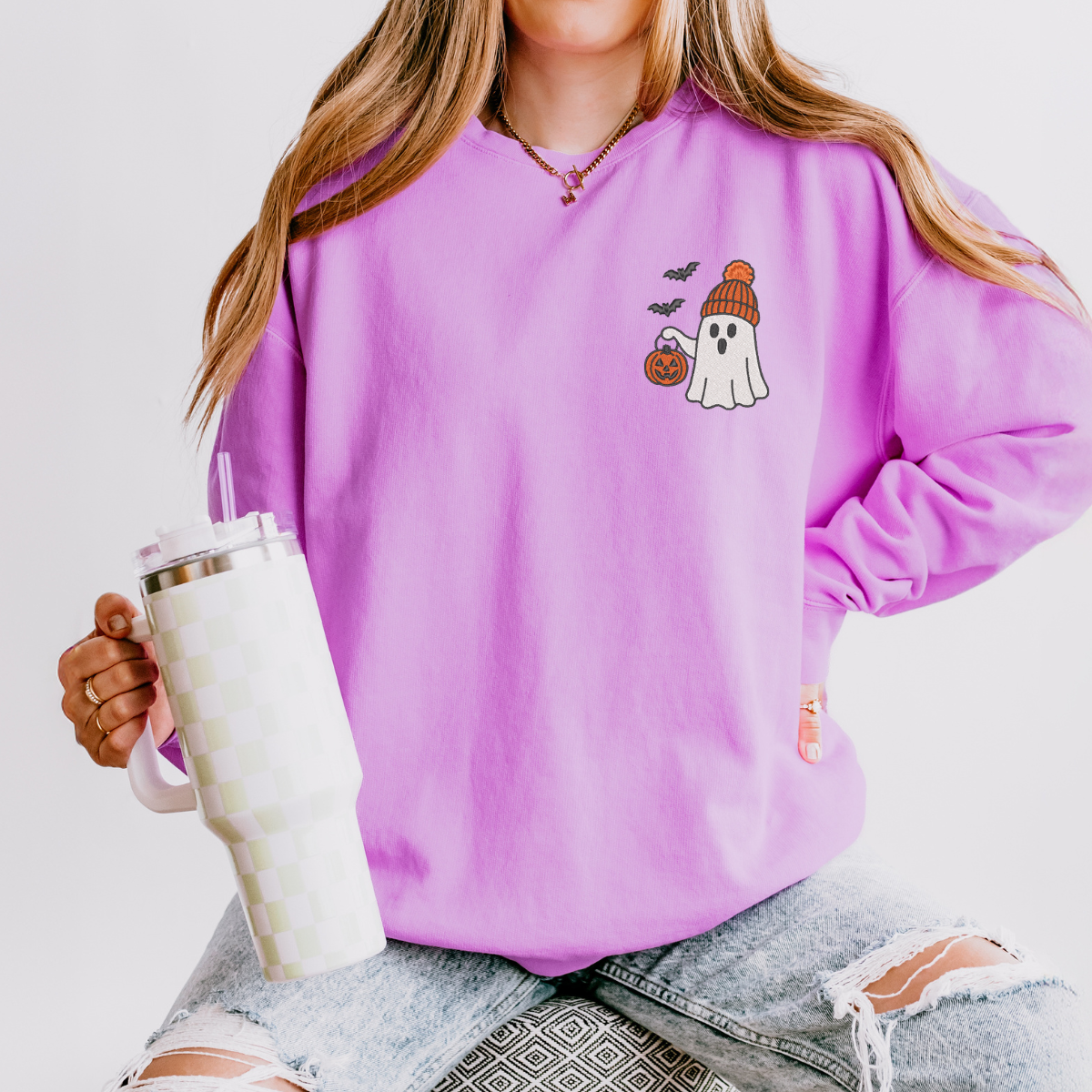 CLEARANCE Embroidered Beanie Ghost - Women's Lightweight Garment Dyed Sweatshirt
