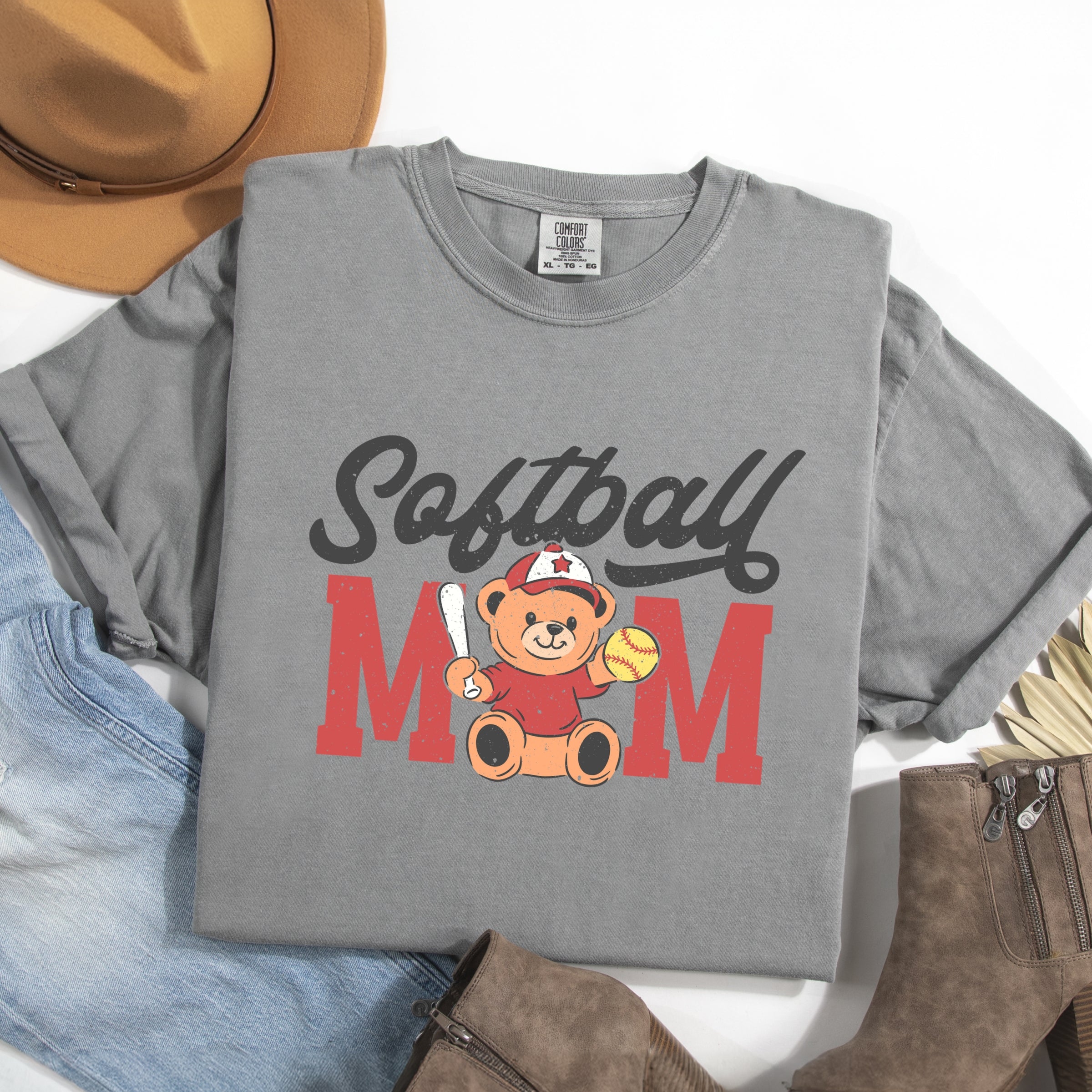 Softball Mom Teddy Bear - Women's Garment Dyed Graphic T-Shirt