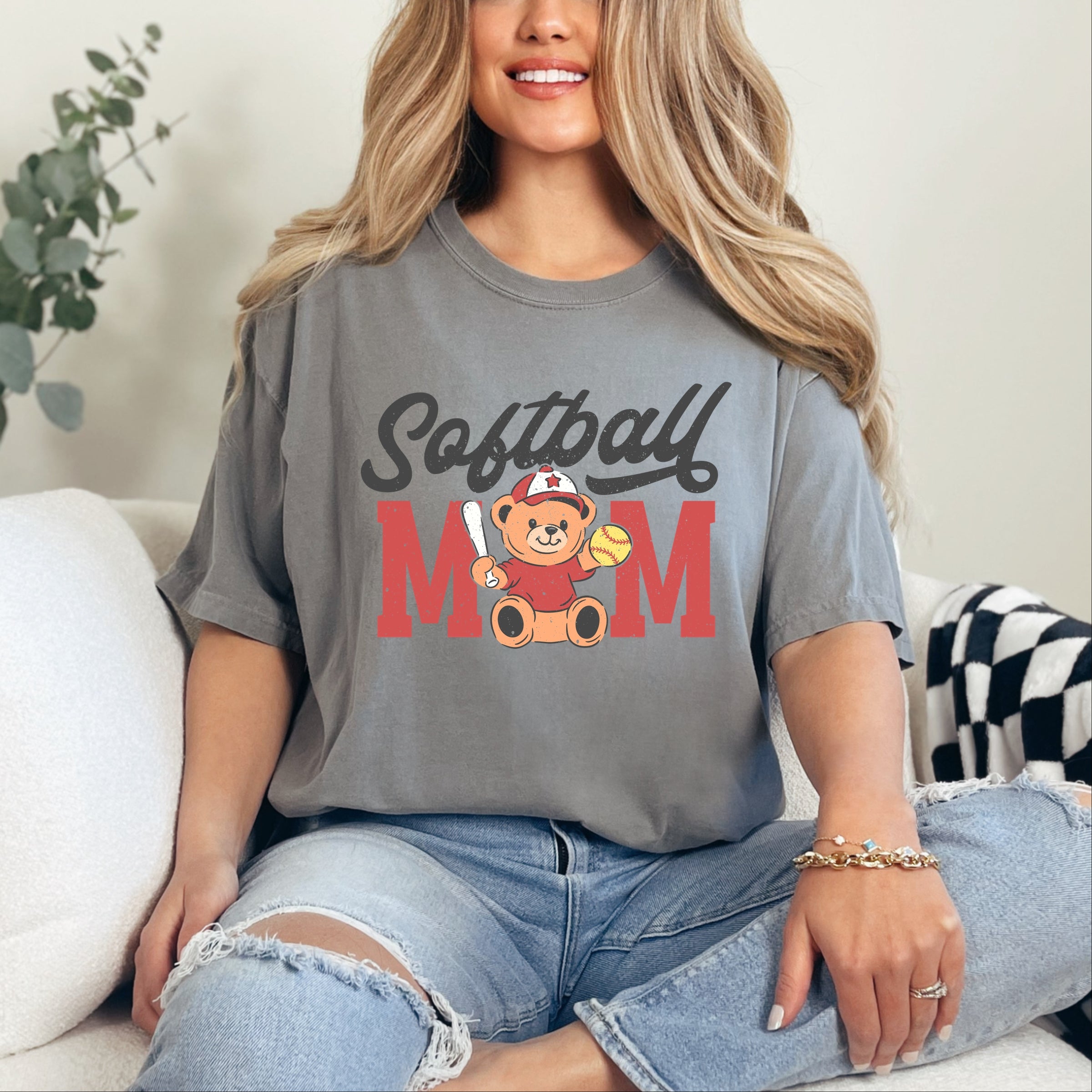 Softball Mom Teddy Bear - Women's Garment Dyed Graphic T-Shirt