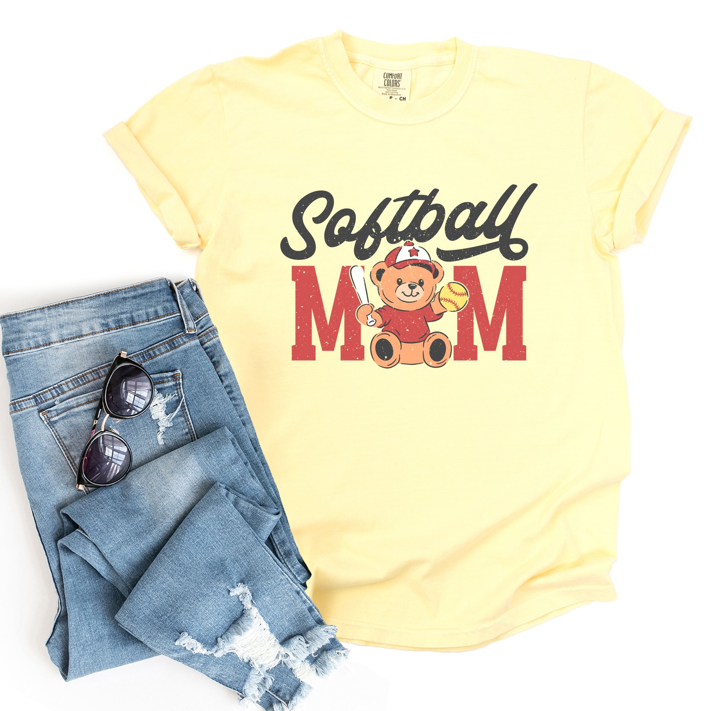 Softball Mom Teddy Bear - Women's Garment Dyed Graphic T-Shirt